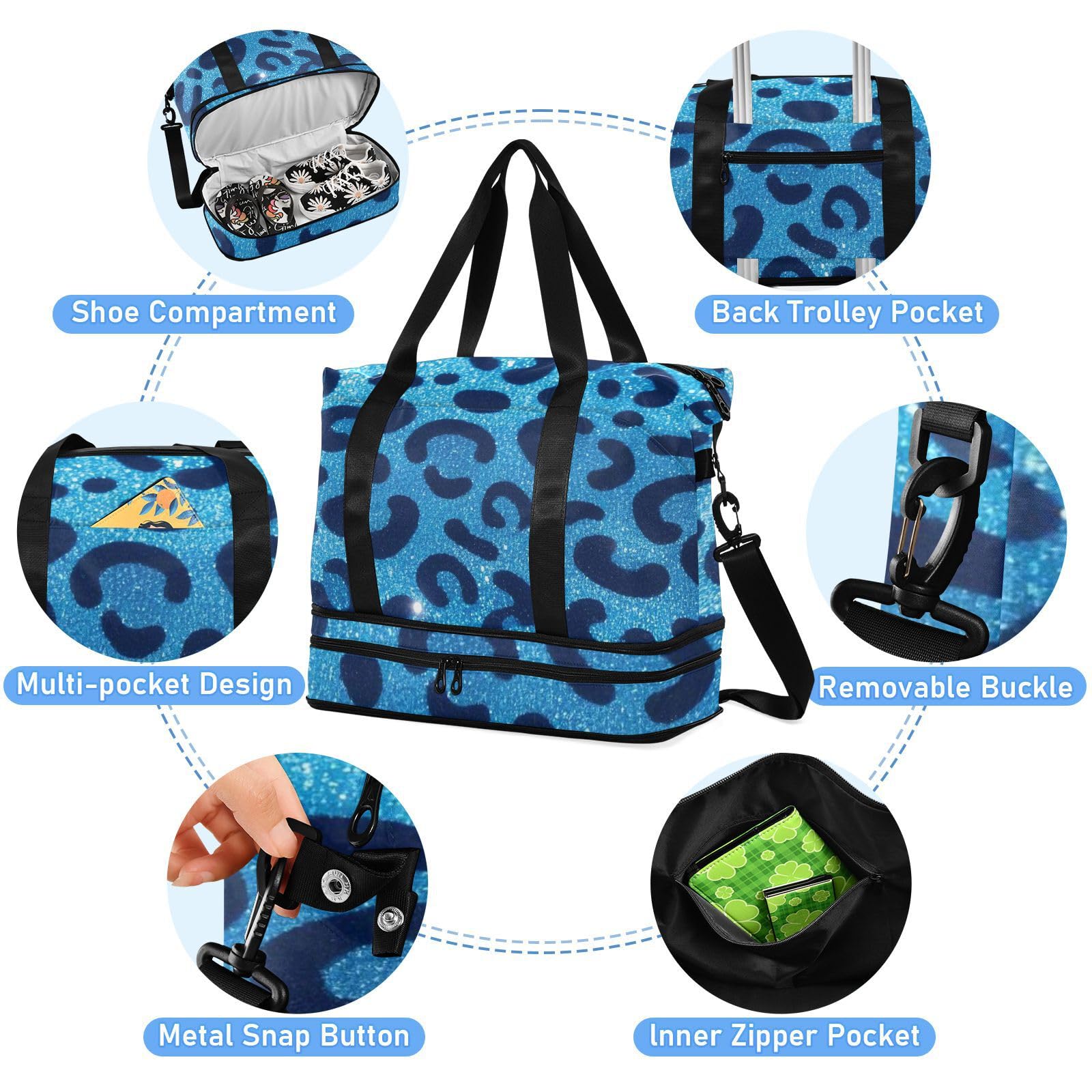 Borsa da palestra con stampa leopardata con glitter finti blu con tasca bagnata, tracolla regolabile, borsa da palestra per palestra, grande capacità, per uomini e donne