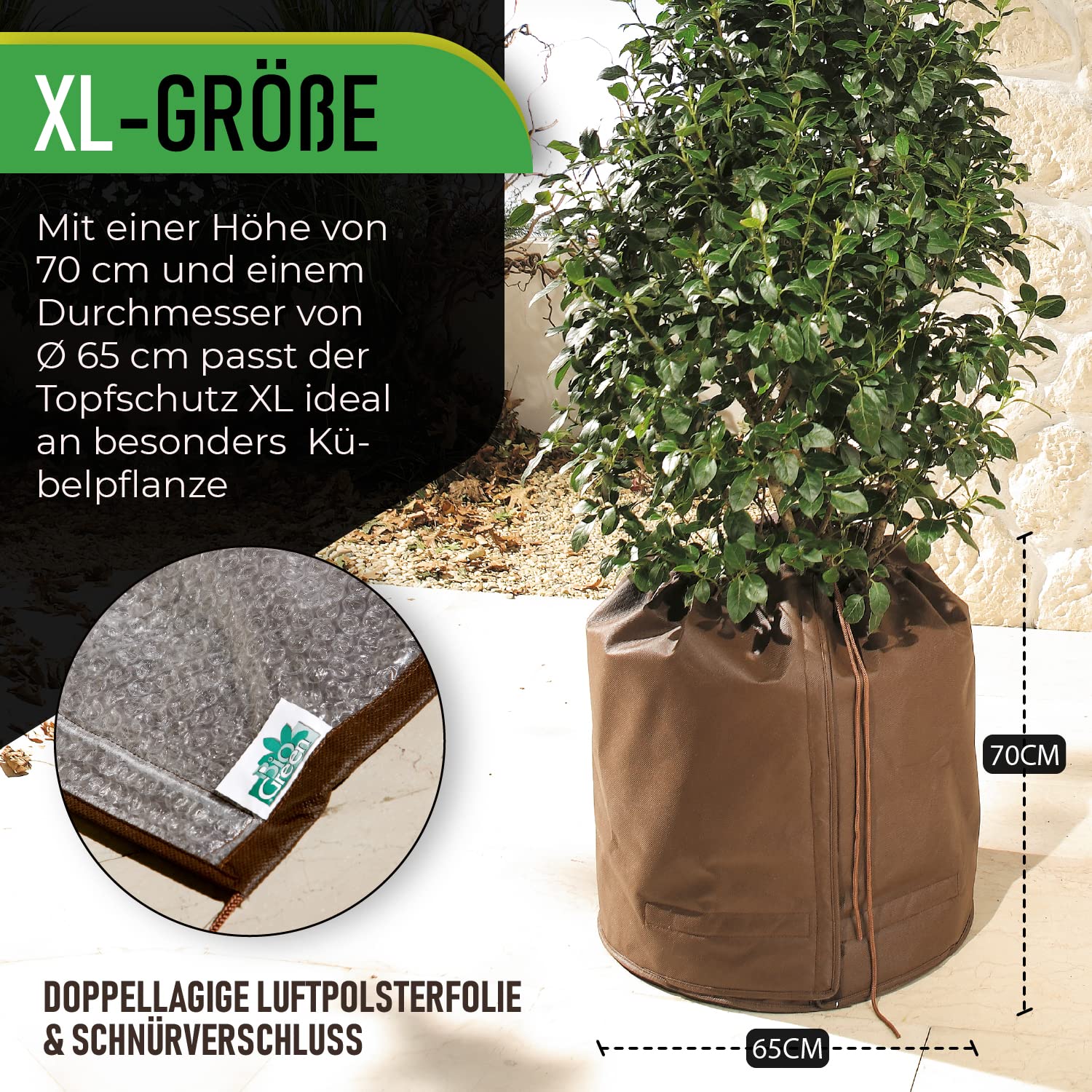 Bio Green Topfschutz XL für Pflanzgefäße | H 70 cm x Ø 65 cm | schützt vor jedem Wetter | Topfmantel aus langlebigem Micro-Vlies | Pflanztopfschutz mit dickem Isolierboden