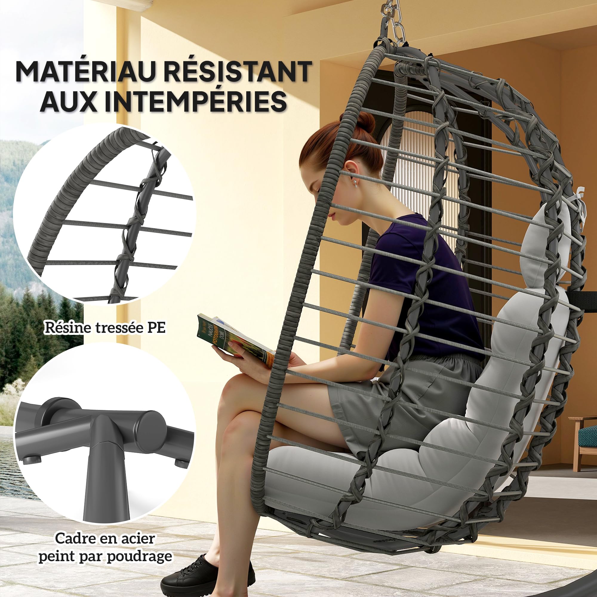 Outsunny Fauteuil Suspendu Pliable en résine tressée Support Gris et Noir