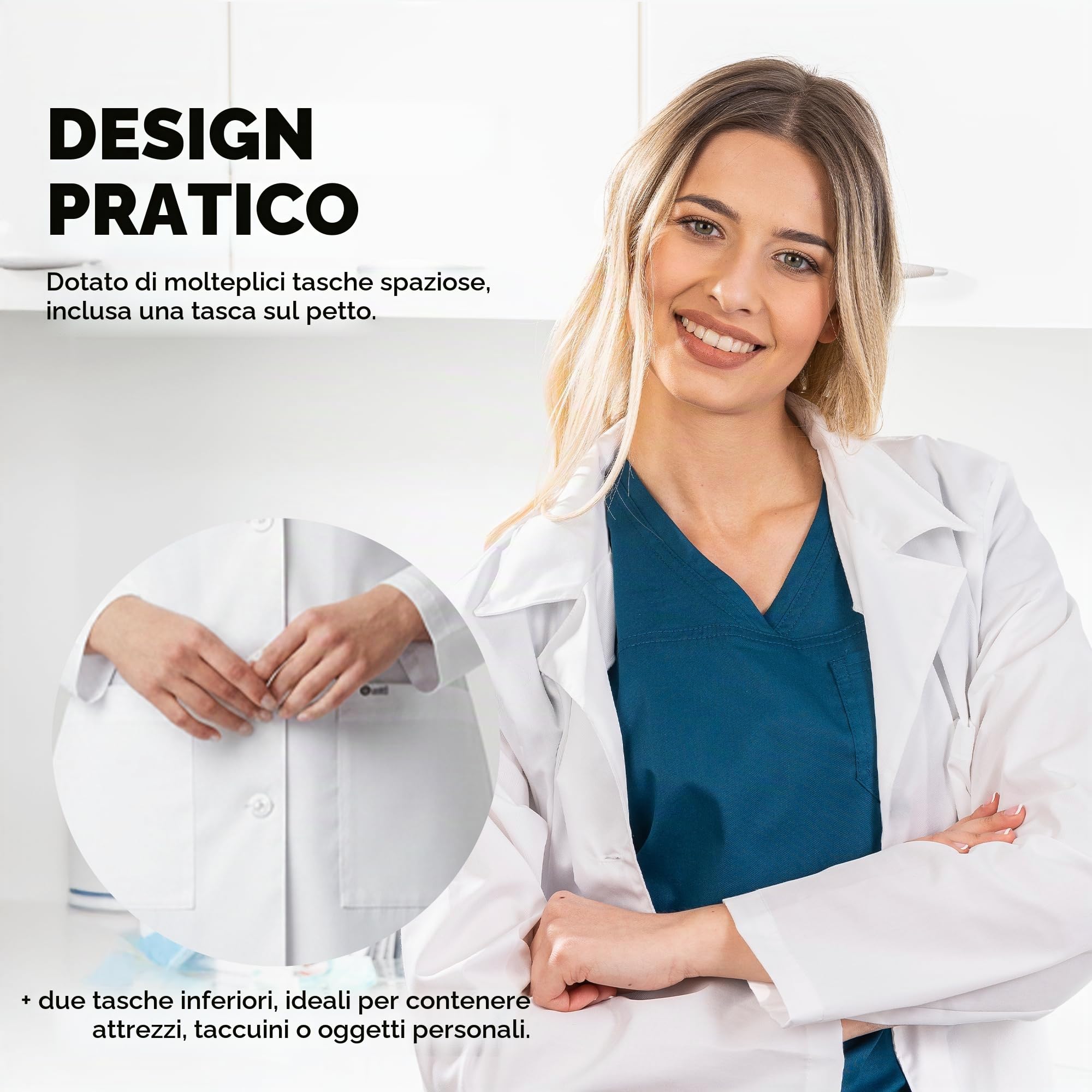 Bwell Bianca Camice da Laboratorio Donna - Camice Bianco - Camice Medico Donna Cappotto Bianco per Laboratorio, Medicina e Studio, 3 Tasche con Bottoni
