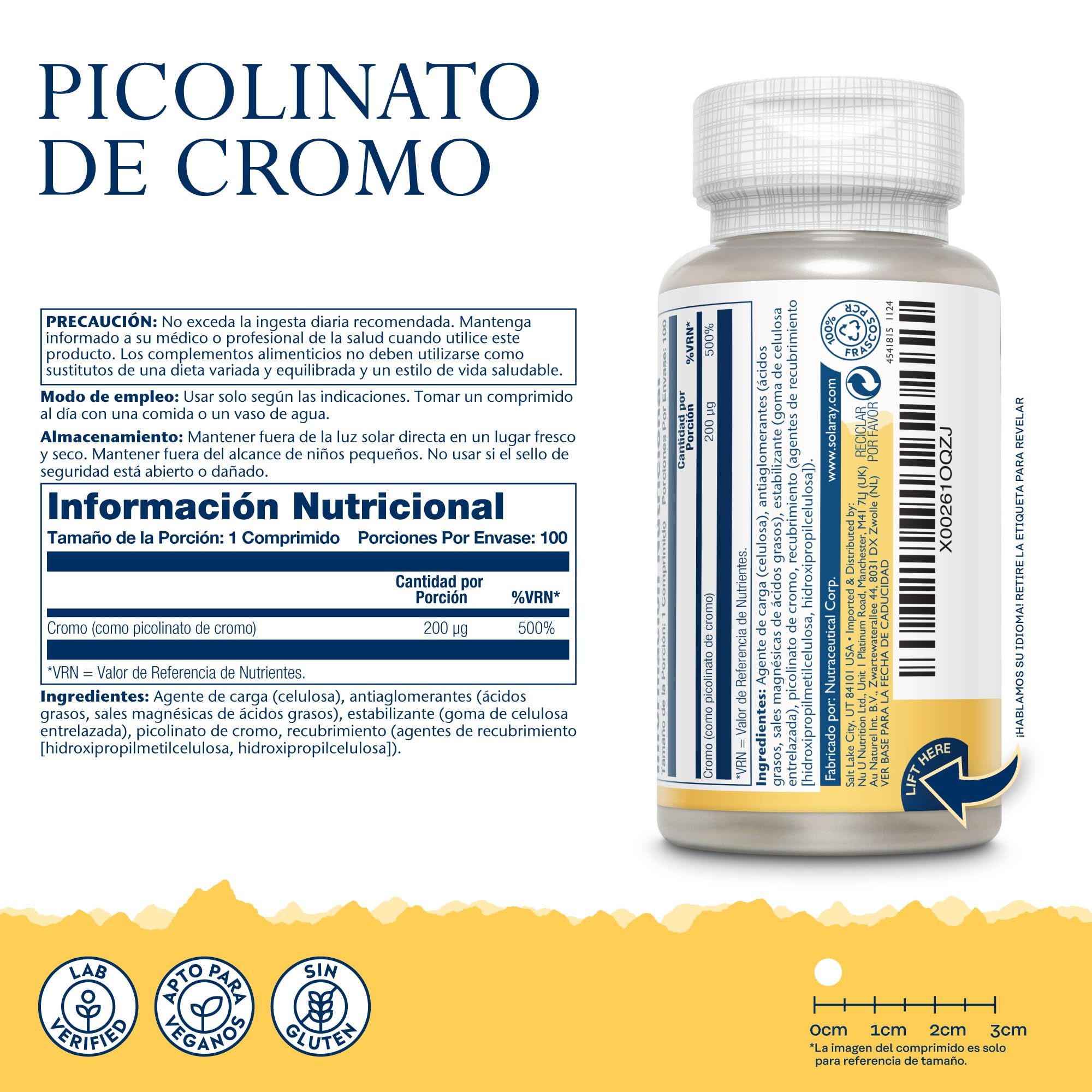 Picolinato de cromo de 200 mcg, 100 cápsulas veganas, suplemento de cromo de alta tasa de absorción, verificado en laboratorio Solaray