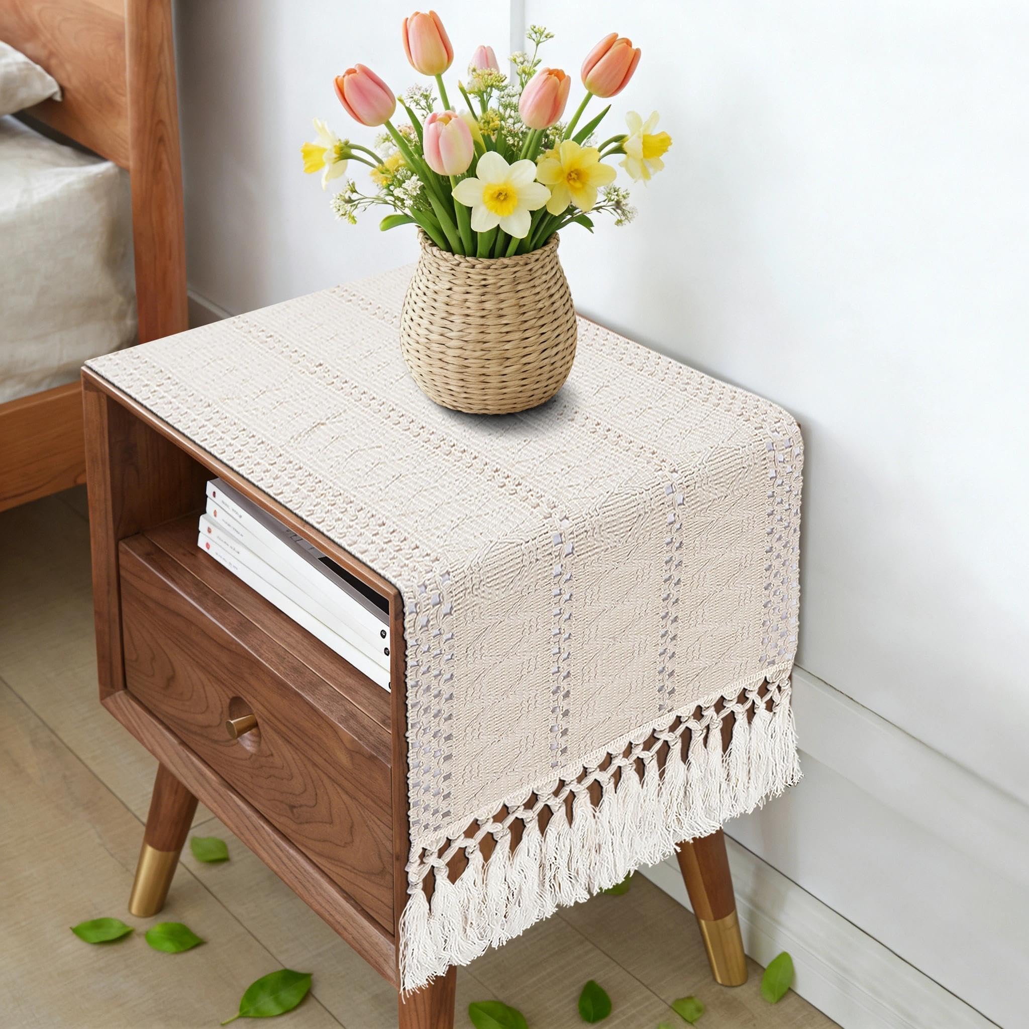yuboo Boho Table Runner Short, Dresser Runner Cover Top, Beige Macrame Coffee Table Runners for Living Room Kitchen, Nightstand, End Table, Farmhouse Spring Dresser Decor, 48 Inches Long : Home &