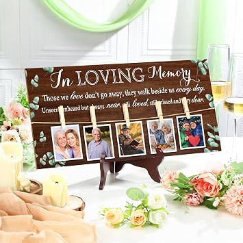 RattanView Wood Memory Table Sign 16 x 8 Inch in Loving Memory Wedding Sign with 5 Clips Wedding Decor for Ceremony and Reception Wooden Memorial Picture Board to Honor SoulsEucalyptus 3