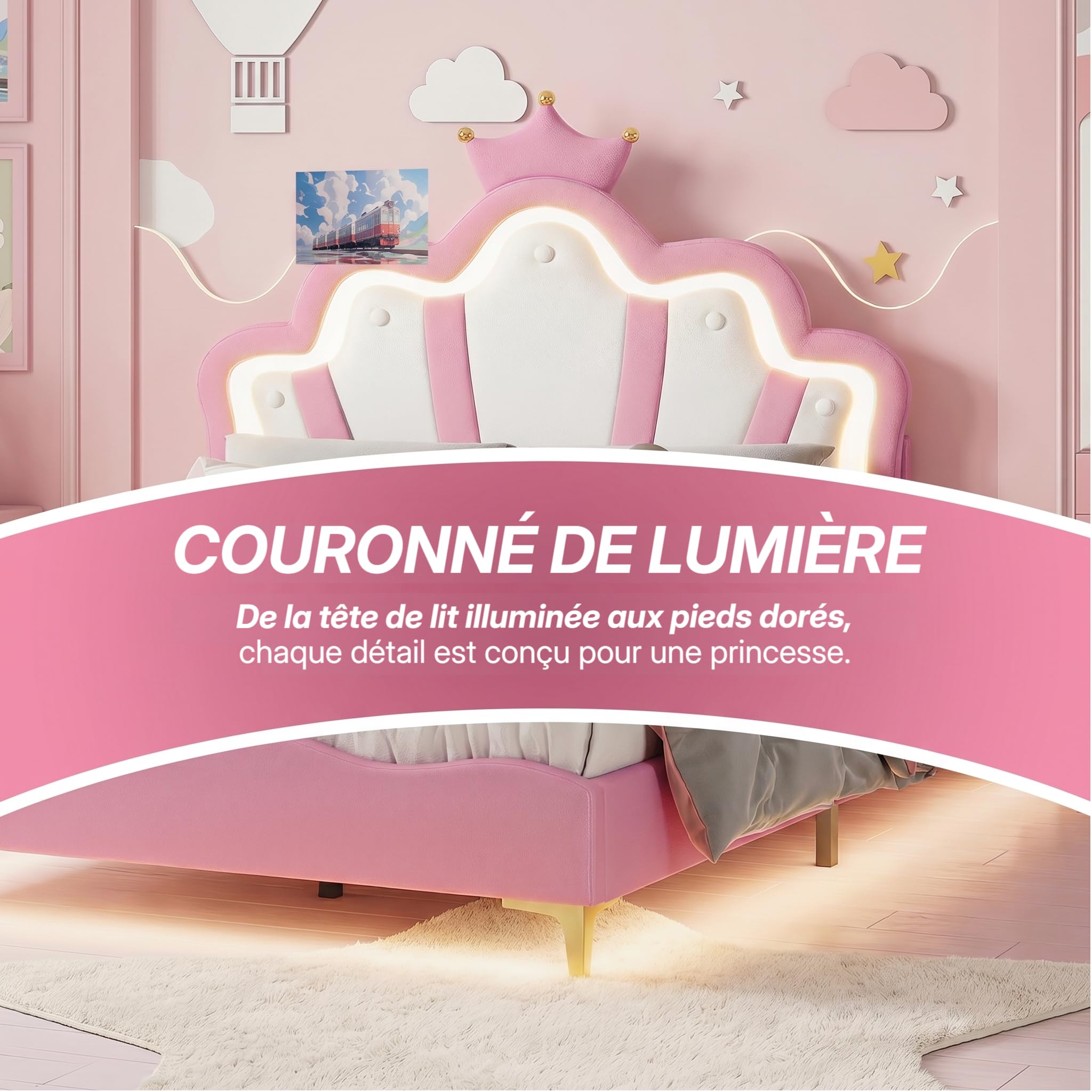 Générique Lit Enfant Rembourré 90x190 cm avec LED, Lits Double pour Fille, lit d'Adolescent avec Tête de Bed Réglable en Hauteur Princesse Couronne et Sommier à Lattes, PU Rose