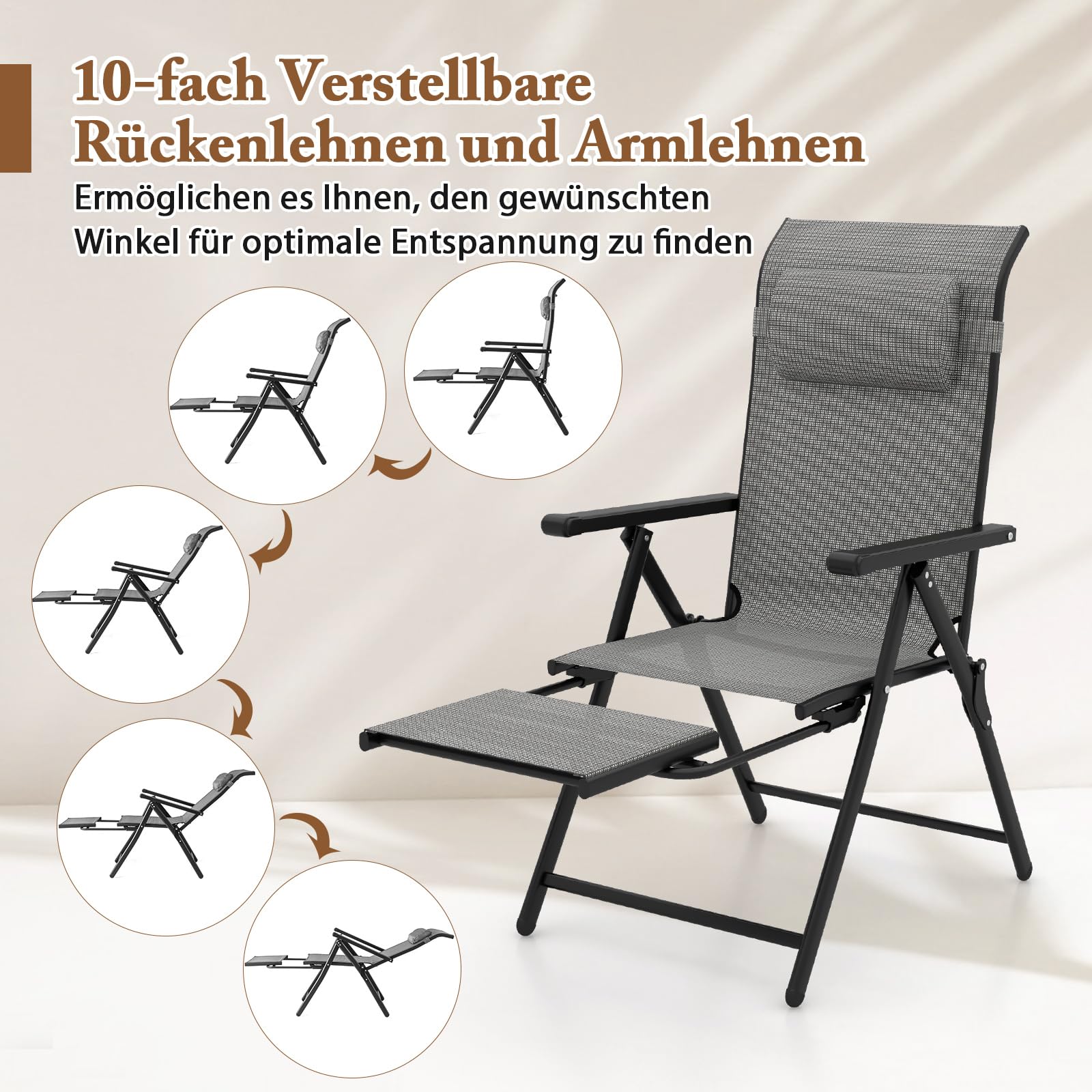 COSTWAY Gartenstuhl mit ausziehbarer Fußstütze, Hochlehner Klappstuhl mit 10-Fach Verstellbarer Rückenlehne & Kopfstütze, Balkonstuhl, klappbarer Terrassenstuhl für Garten, Balkon, Terrasse