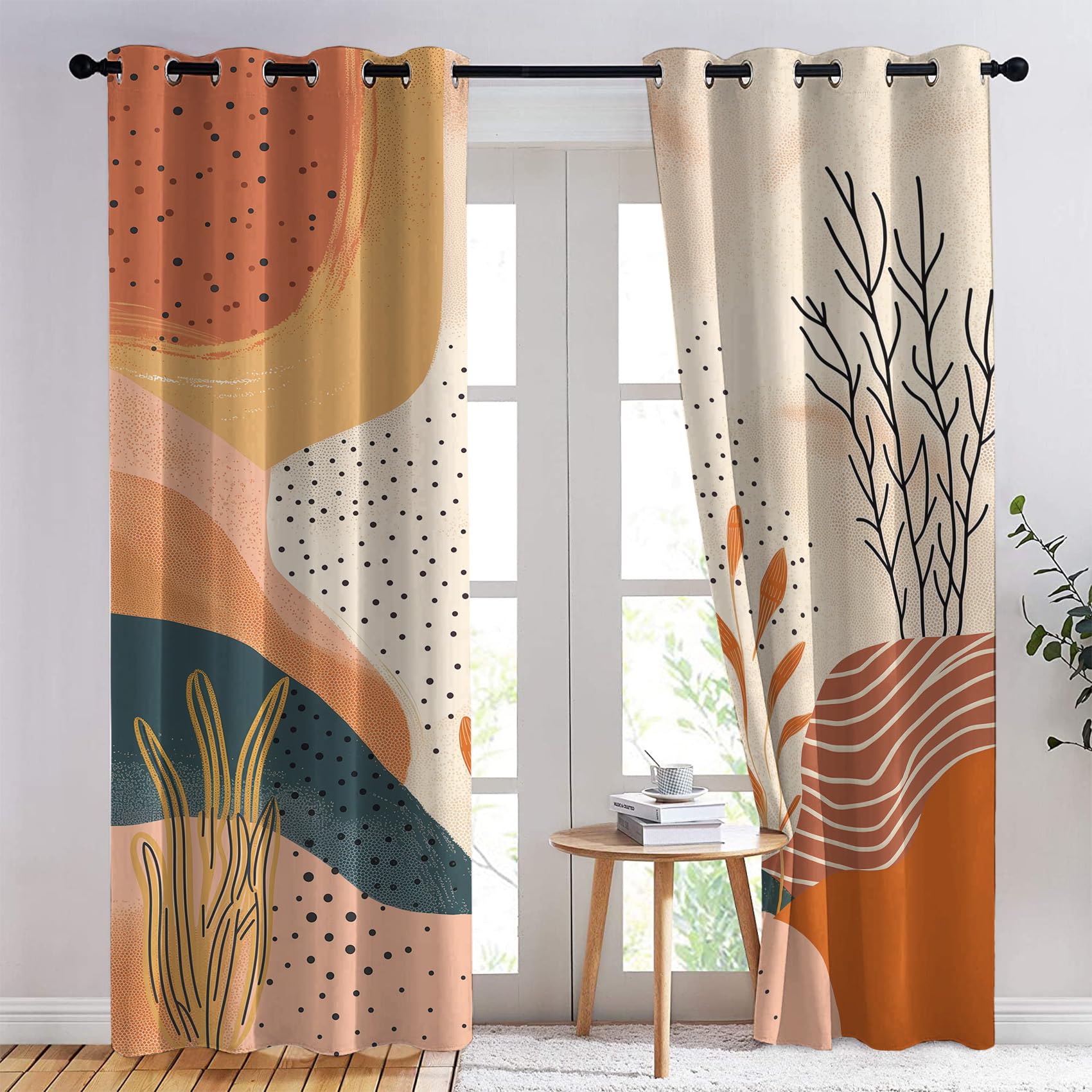 Rideaux Occultant Abstrait Boho, Rideau Isolant Thermique pour Salon Chambre, Rideaux Motif Vintage, Lot de 2 Rideaux Opaque à Oeillets 117x137cm LxH Q-E&6-322