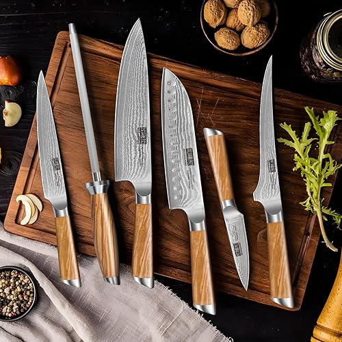 Miniatura 5 de HOSHANHO Juego de cuchillos con bloque de 7 piezas, juego de cuchillos de cocina profesionales de 67 capas de acero de Damasco para cocinar, juego