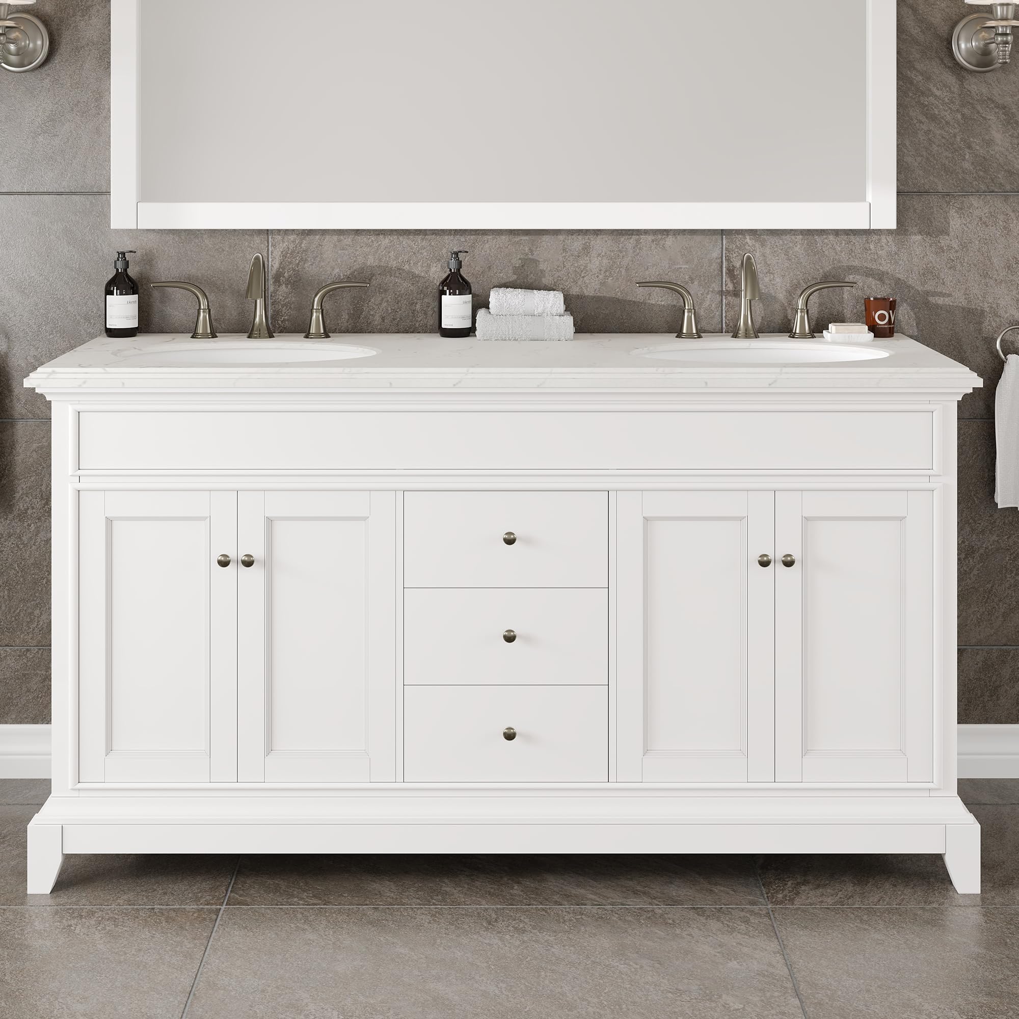 Elite Stamford 60 in. White Double Sink Bath Vanity with Carrara Quartz Top