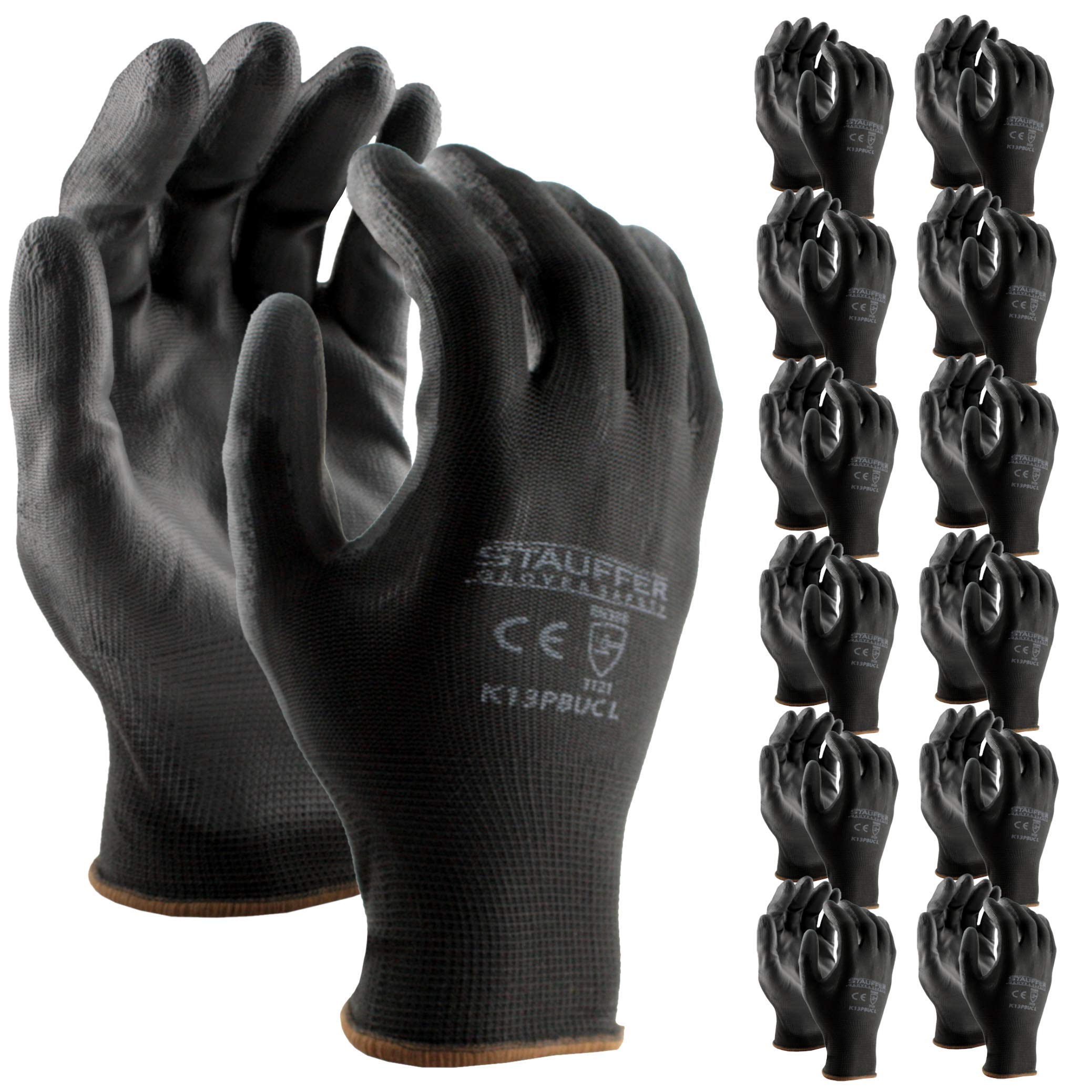 Stauffer Ultra-Thin Black Polyurethane (PU) Coated Safety Work Gloves | 13 Gauge Polyester Liner, Light and Flexible Grip - Medium (12 Pairs)
