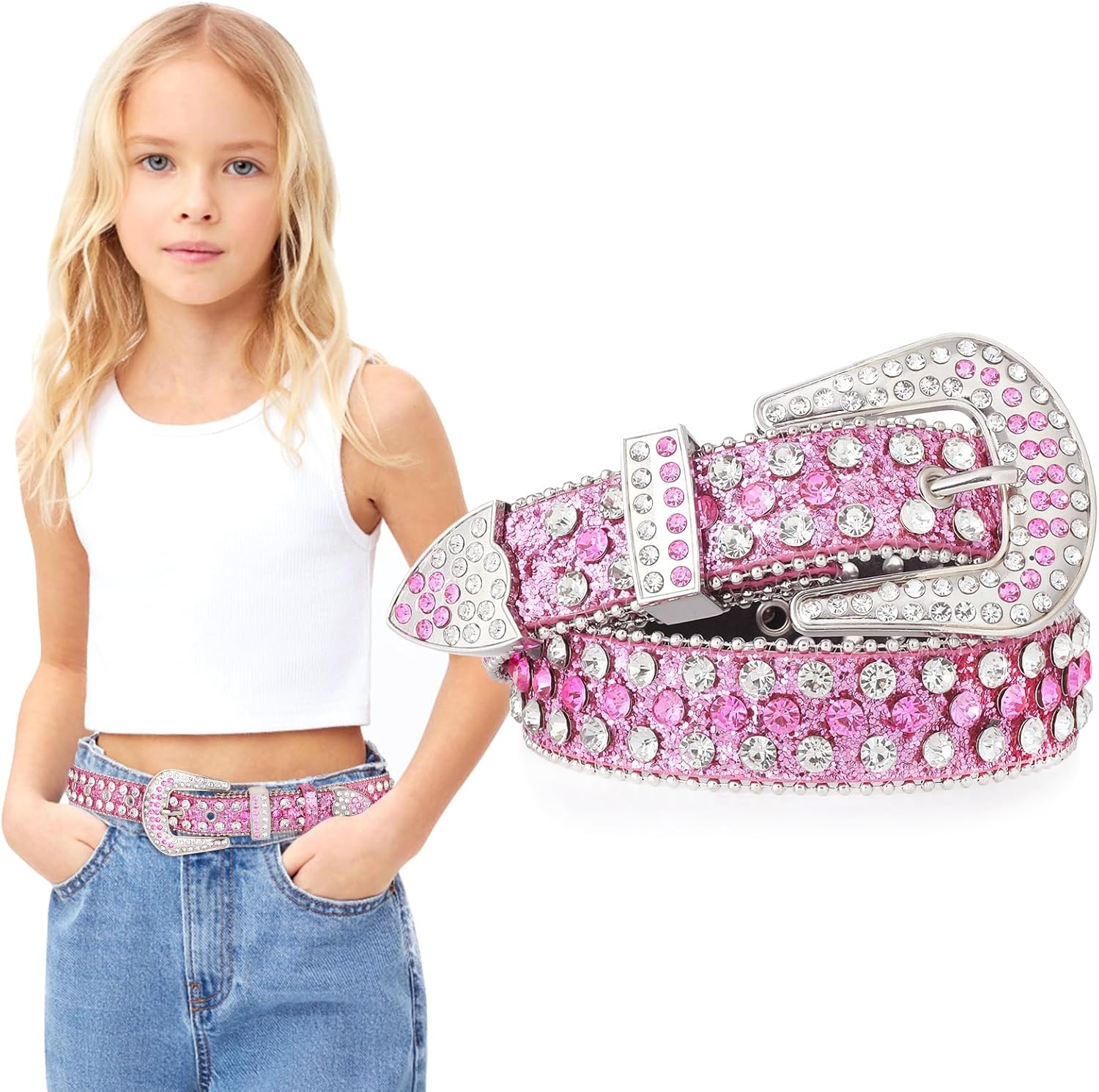AWAYTR Kids Rhinestone Western Belt - Cowboy Cowgirl Belts with Bling Diamond Studded and Sequin Leather Belt for Jeans - Image 2