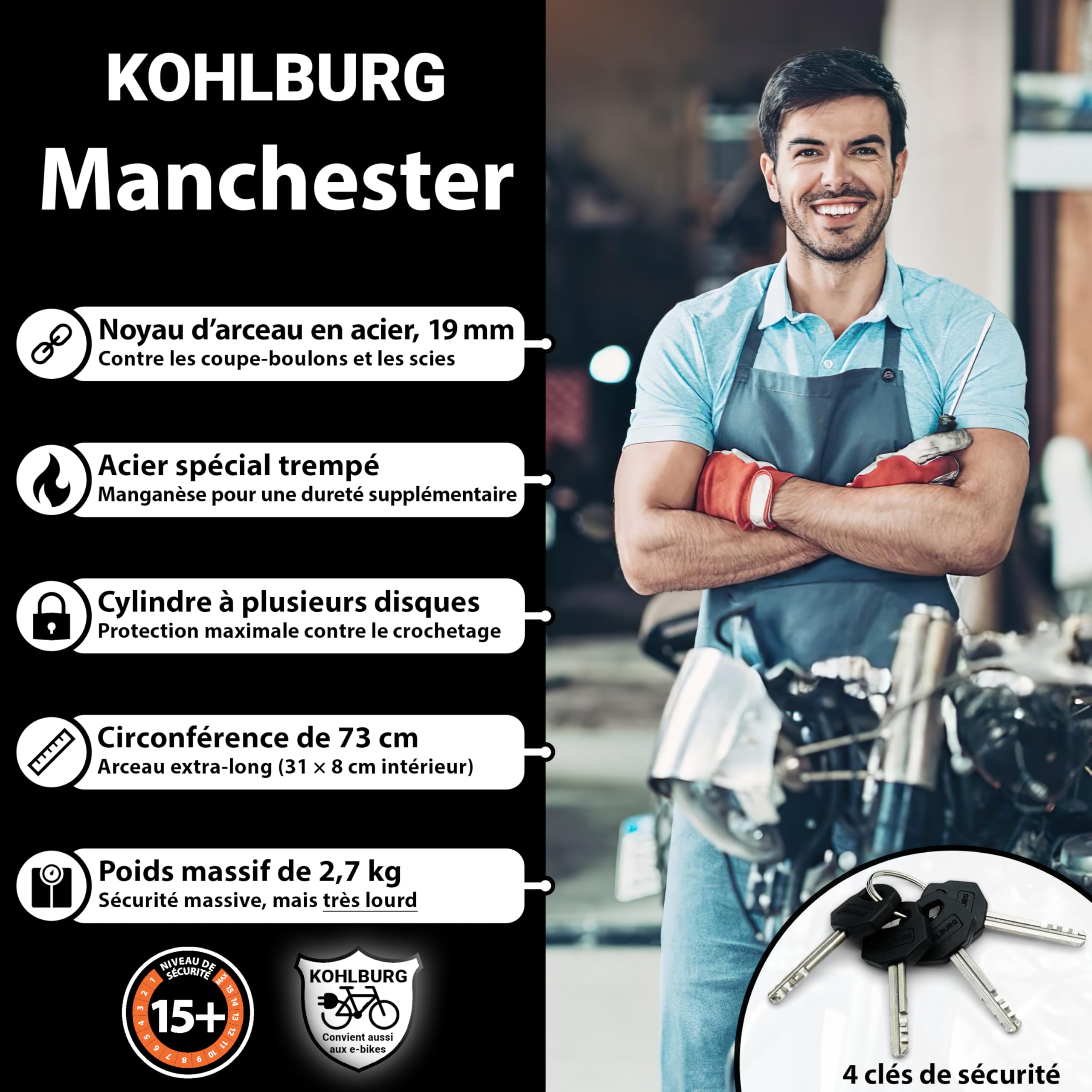 KOHLBURG Antivol en U de haute sécurité niveau 15+, Acier spécial 19 mm | Extrêmement sûr et 2,7 kg massif - Antivol pour moto, scooter, vélo électrique & vélo - U‑Lock vélos électriques & motos