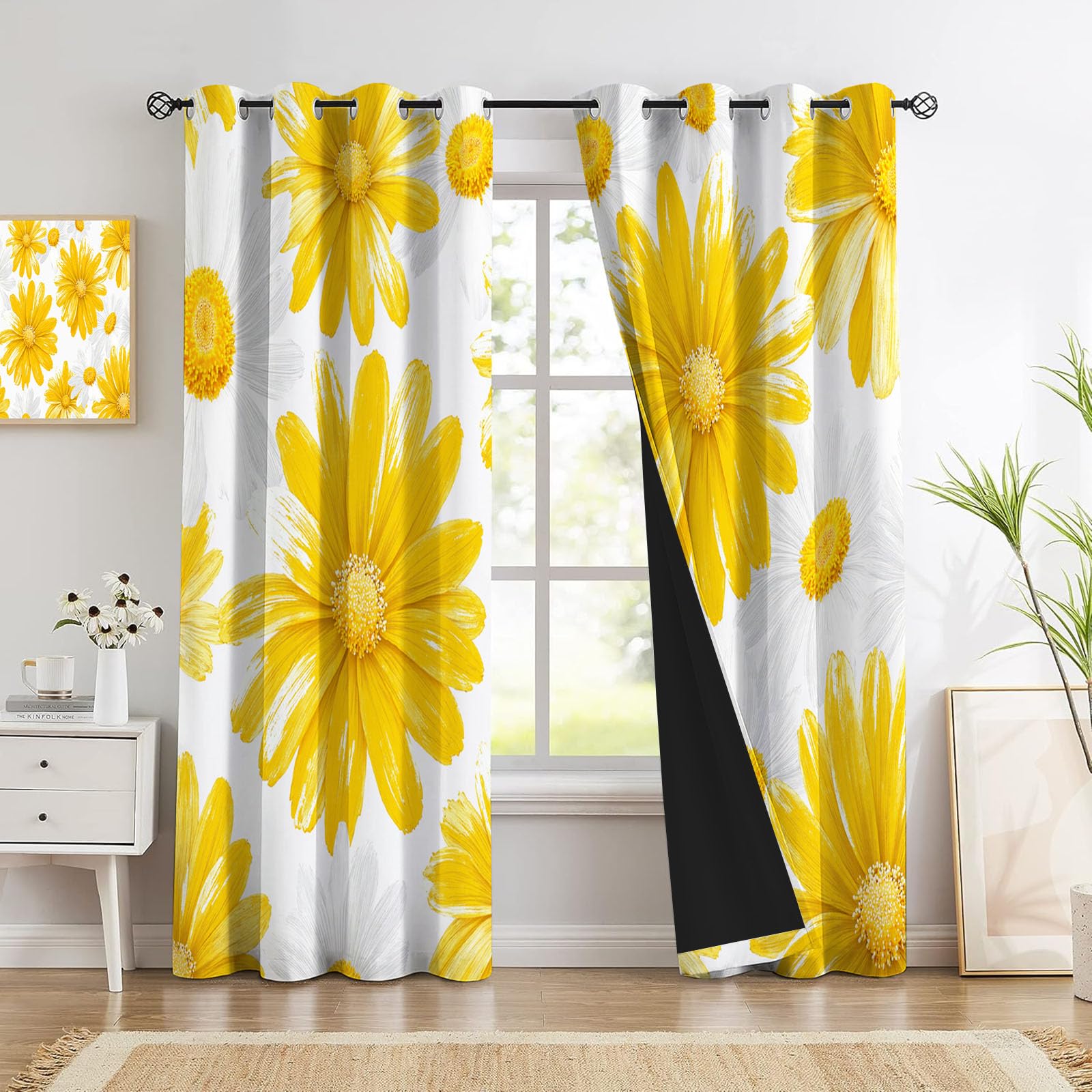 Rideaux pour salon et chambre rustique : ambiance chaleureuse marguerites peintes à la main