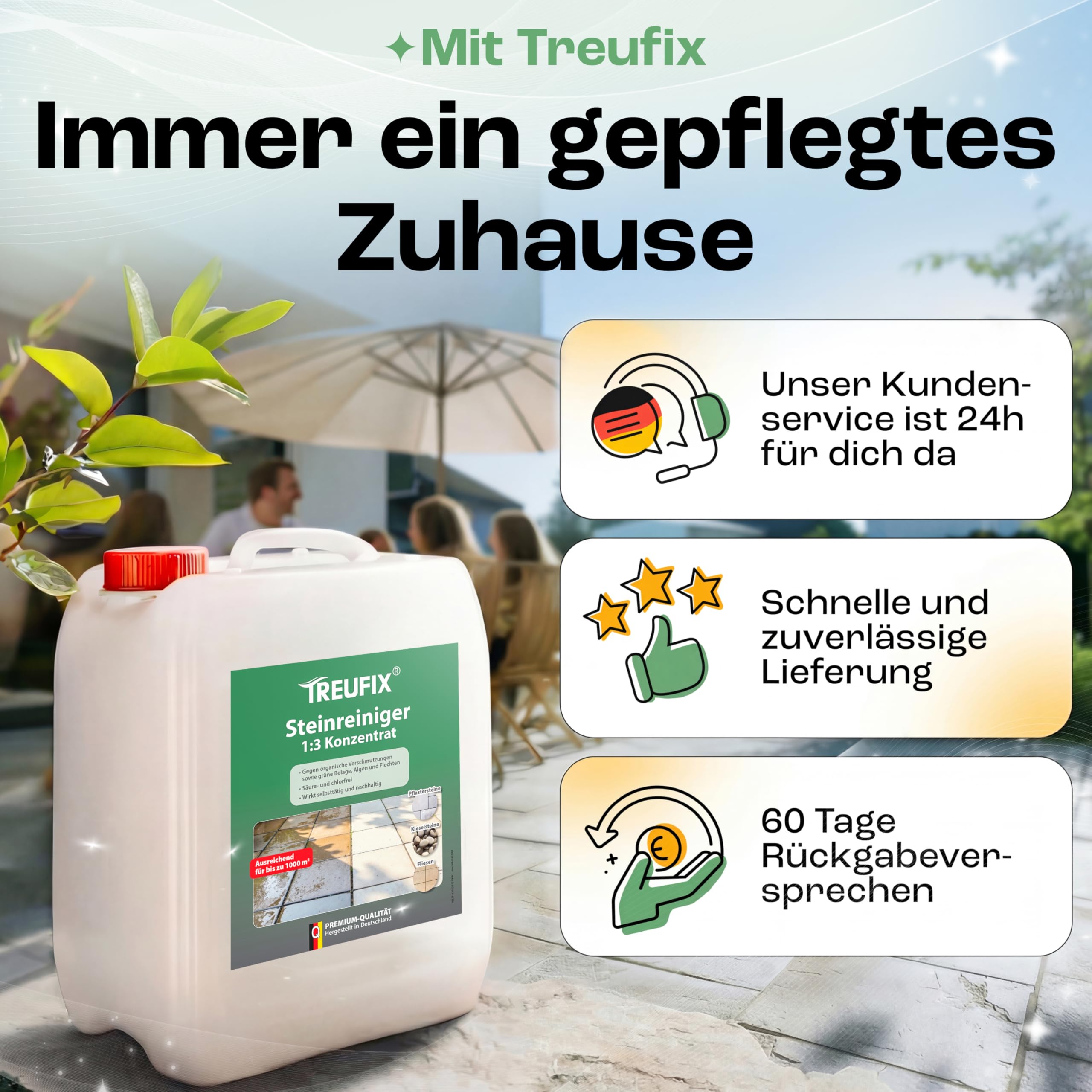 Treufix Steinreiniger Konzentrat 5L für Pflastersteine & Terrasse | Profi Steindusche Hof & Wege kraftvolle Reinigung gegen Schmutz, Algen, Grünbelag & organische Verschmutzungen – Made in DE