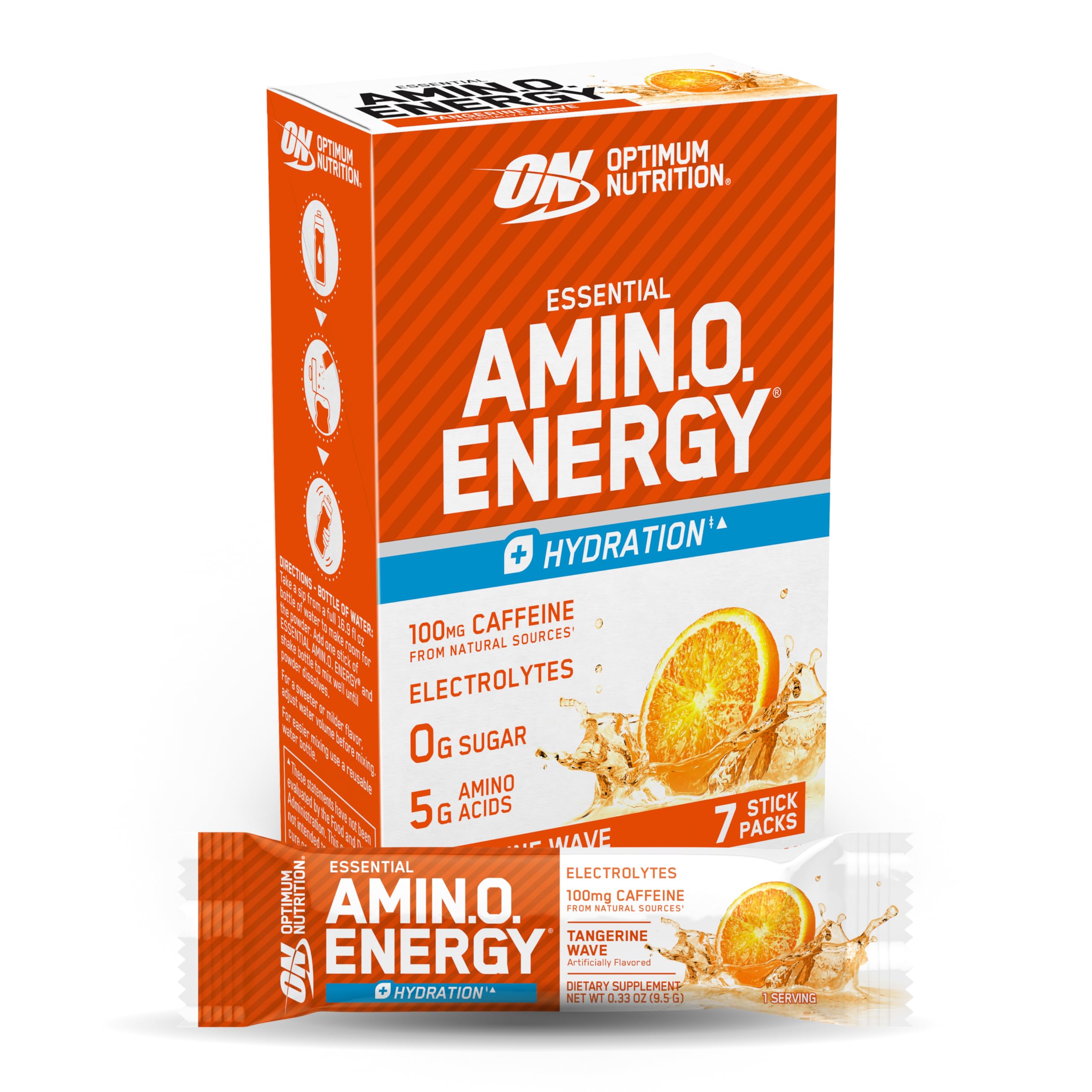 Optimum Nutrition Essential Amino Energy Plus Electrolytes Stick | Tangerine Wave | 7 Packs | 100mg Caffeine, 440mg Electrolytes | Zero Sugar | Supports Energy, Focus & Hydration