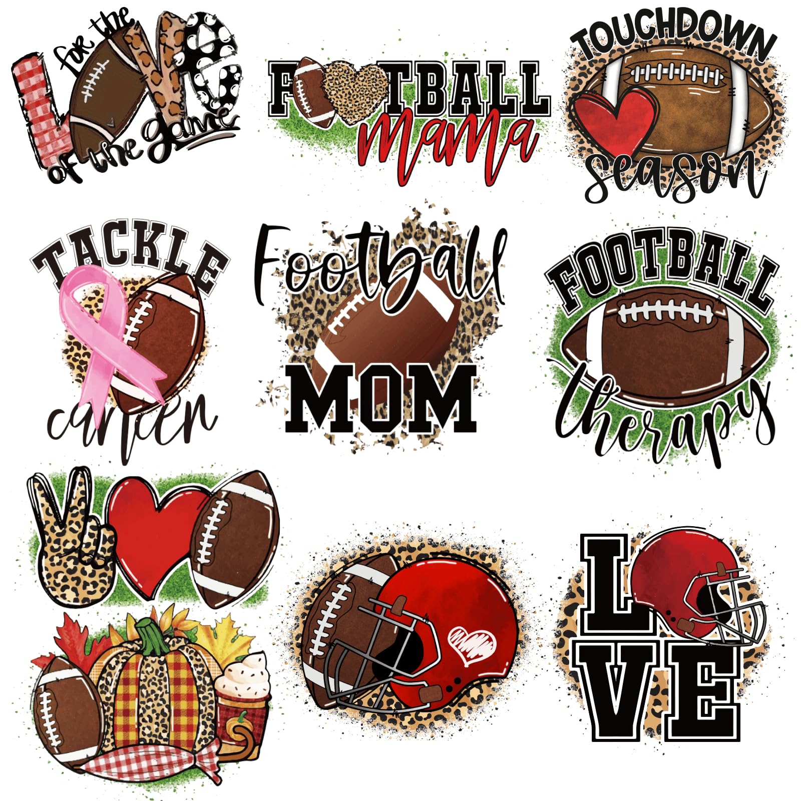 10 Sheets Football Iron on Decals DTF Prints Large DIY Iron on Stickers for T-Shirt Transfers, Jackets, and Backpacks