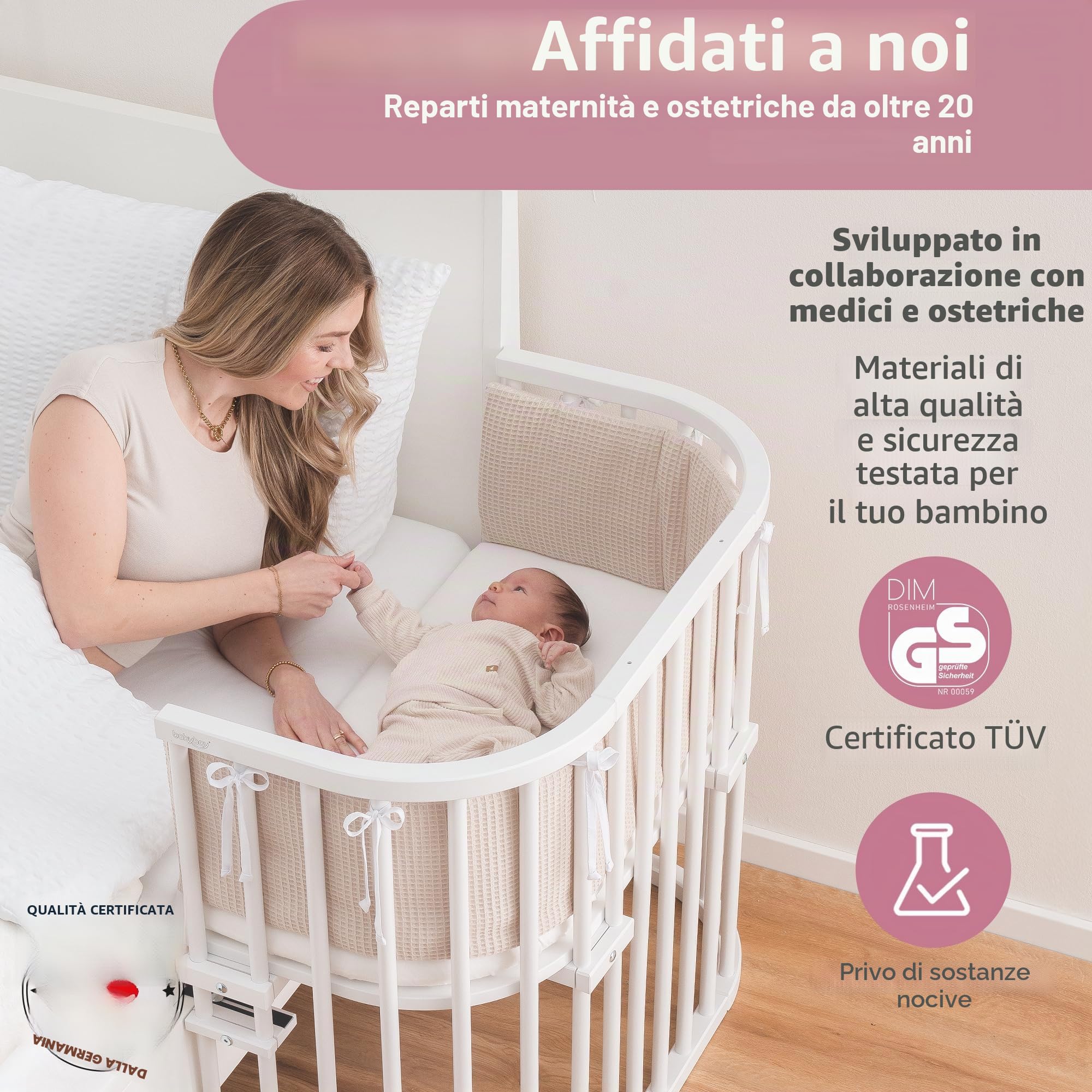 letto laterale originale per babybay in legno massello di faggio con materasso Classic Soft per giorno e notte I lettino regolabile in altezza e ecologico I lettino in crescita
