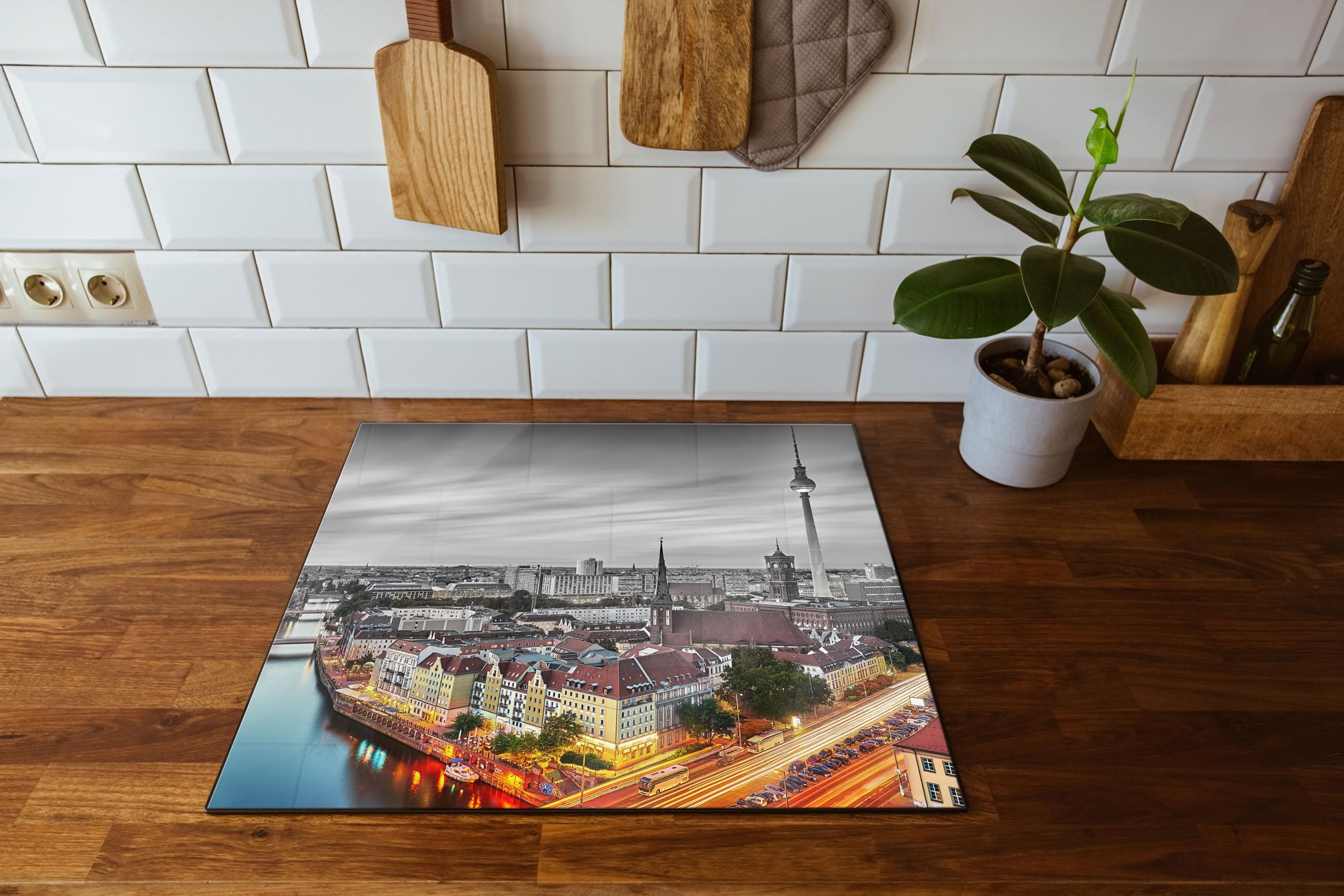 Berlin City Panorama Plaque de protection pour cuisinière et protection anti-éclaboussures en verre véritable 60 x 52 cm