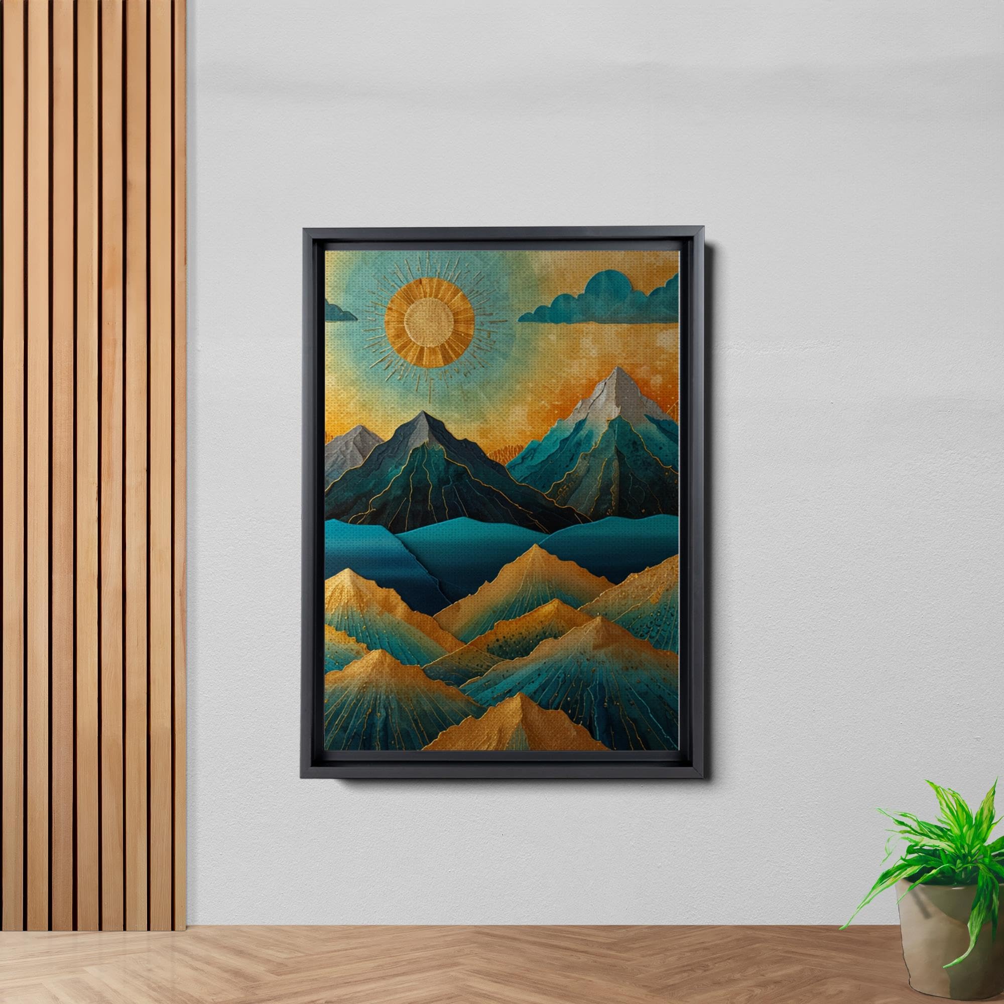 【SHUNER】Framed canvas Amazon.com: Framed Canvas Print Wall Art, Gold Teal Sun, Mountain