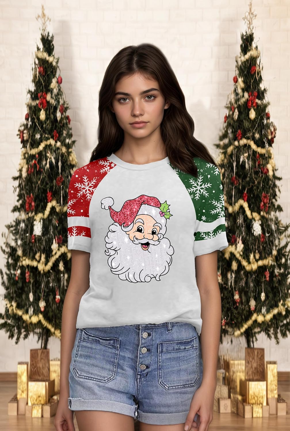 Christmas Shirts for Women Vintage Santa Claus Graphic Merry Shirt Holiday Casual Short Sleeve Tee Tops - Image 2