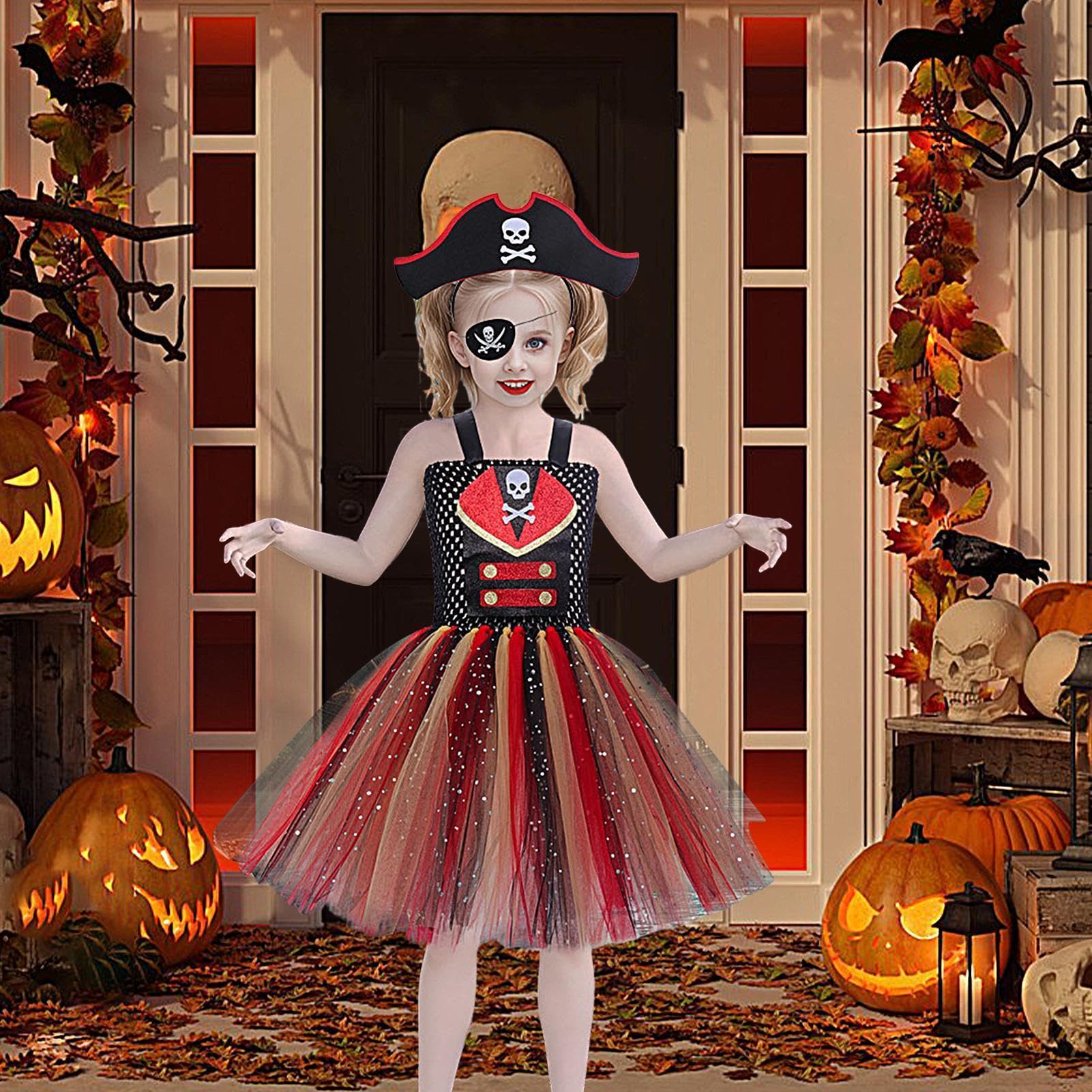 Costume da pirata per ragazze vestito da spettacolo teatrale di Halloween | Costume bucaniero di ruolo con fascia per ragazze 2-12 anni feste a tema spettacoli sul palco spettacoli scolastici riunioni
