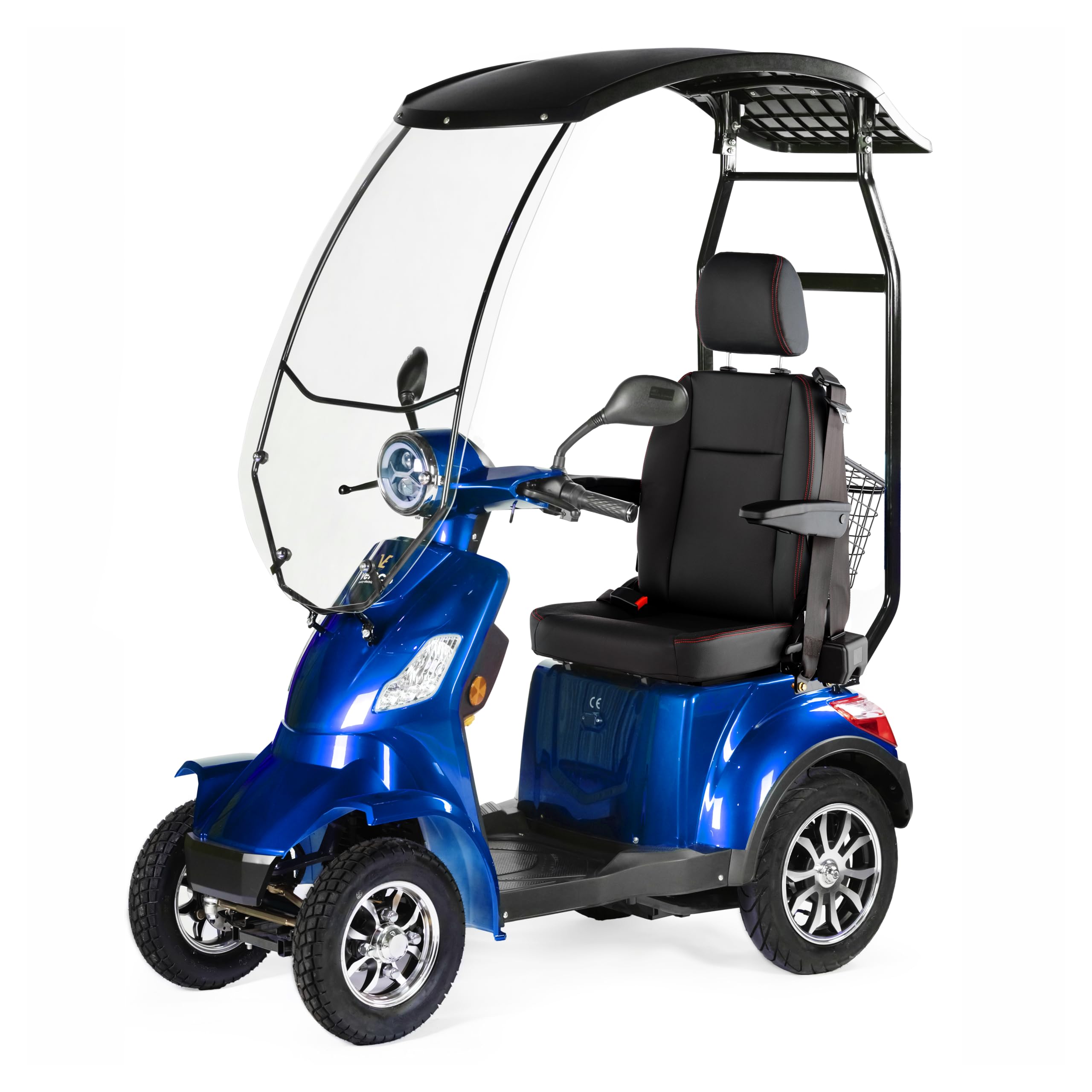 VELECO Faster con Techo ahora con asiento de capitán ajustable y la batería de plomo y acido, El mejor dispositivo de movilidad para discapacitados totalmente montado y listo para usar. (Azul)