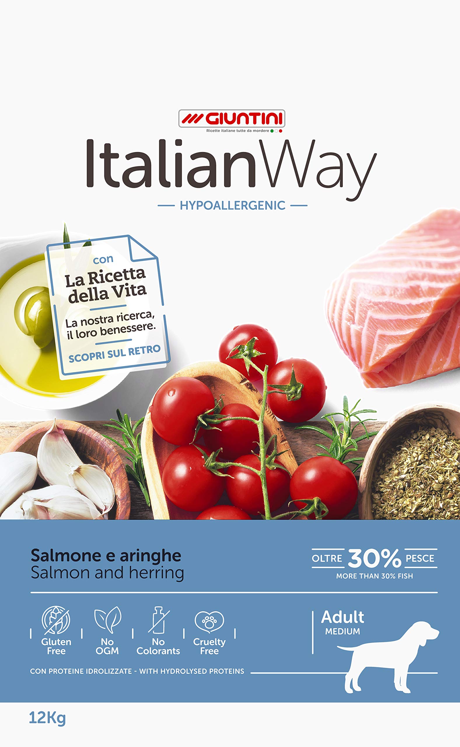 Italian Way Cibo per Cani Ipoallergenico Salmone e Aringhe - Adult - Medium - 12 kg
