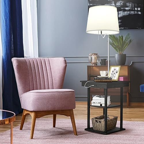 Miniatura 4 de Tangkula Madison Lámpara de pie LED con puertos de carga USB, mesita de noche moderna de mediados de siglo con iluminación adjunta, mesa auxiliar y