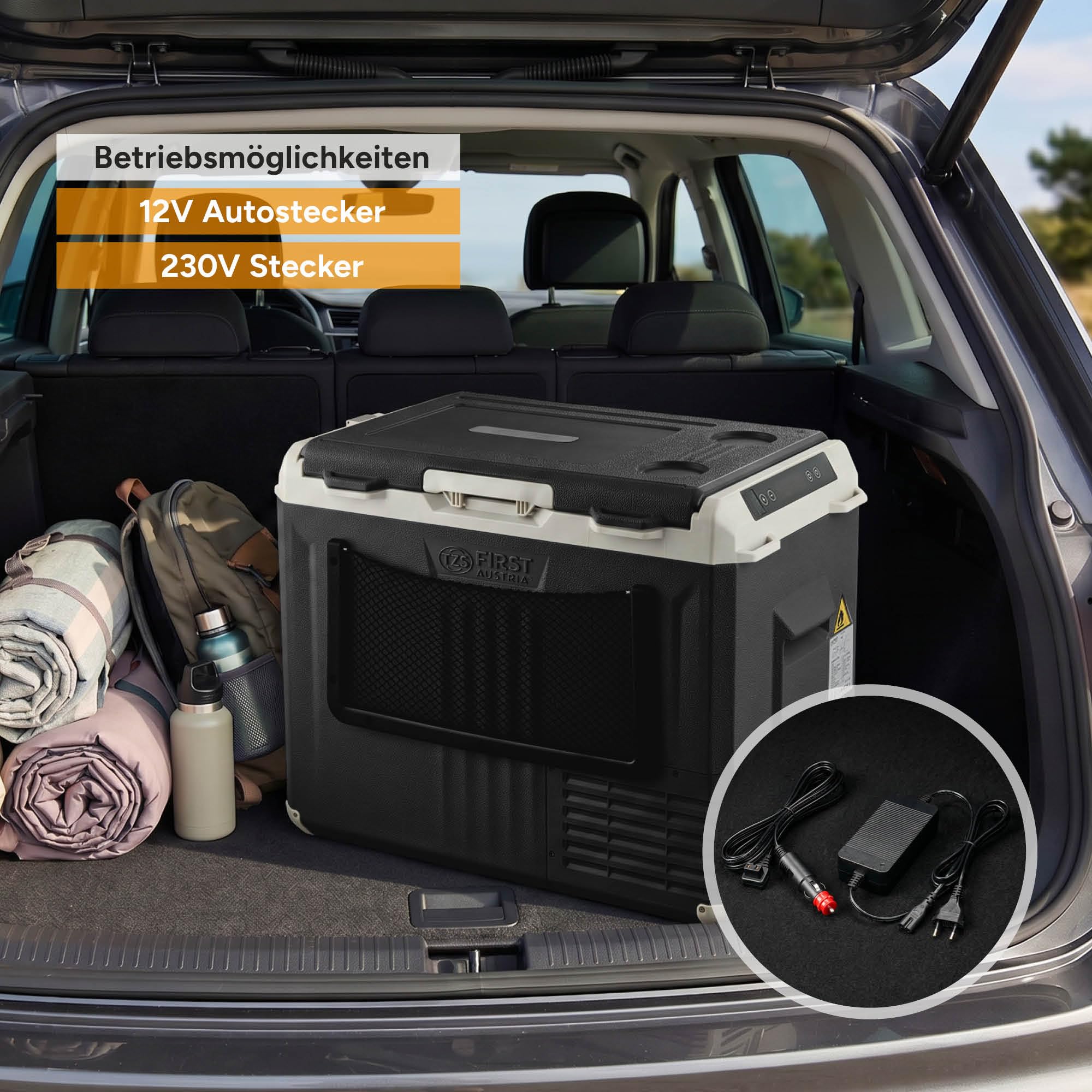 TZS First Austria - Kompressor-Kühlbox 40L - Energieklasse B - Kühlung bis -20°C - App per Bluetooth - 12/24V & 230V - USB-Ausgang - Trolley & Vollzubehör – Schwarz