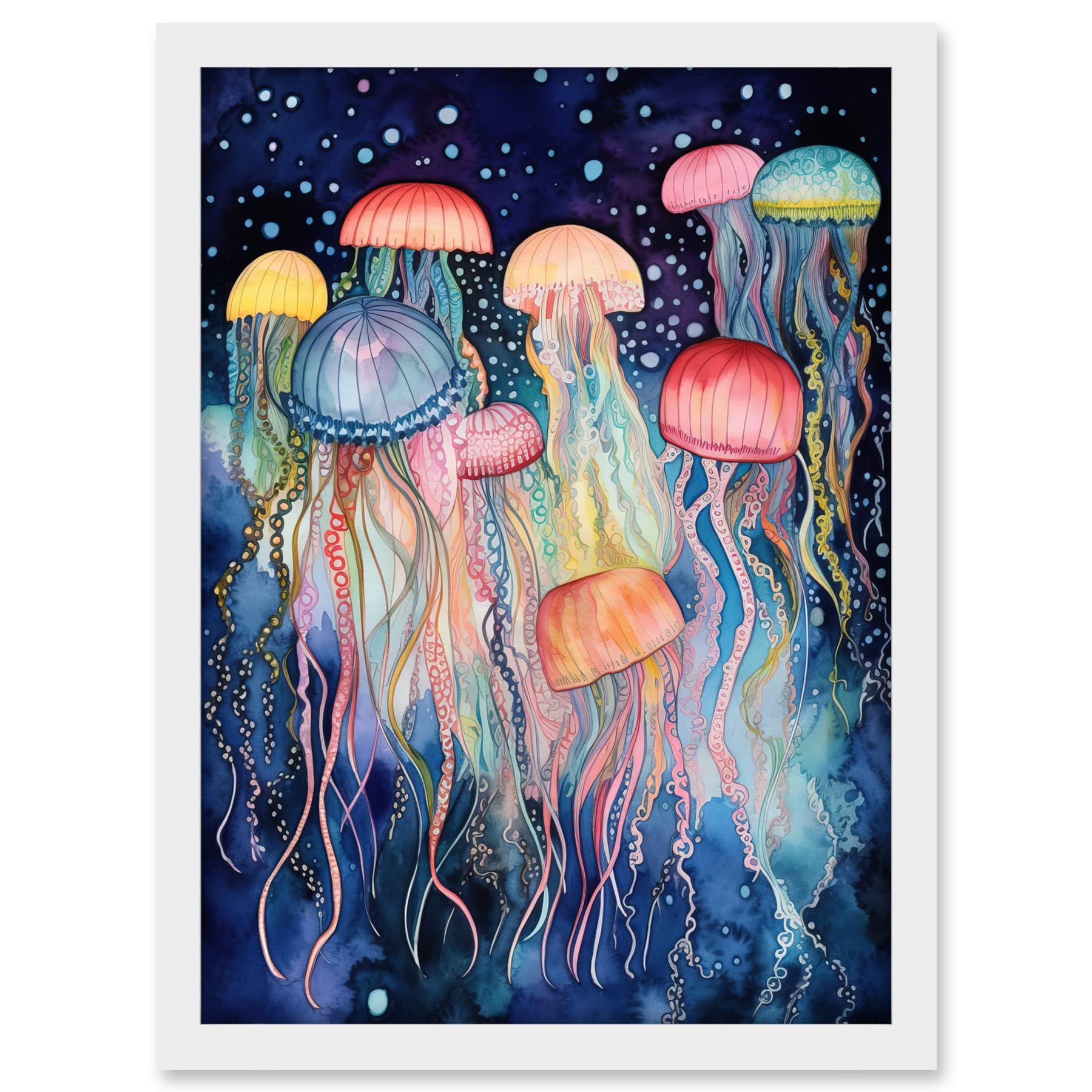 Artery8 Group Of Jellyfish Multicoloured Folk Art Watercolour Painting Artwork Framed A3 Wall Art Print
