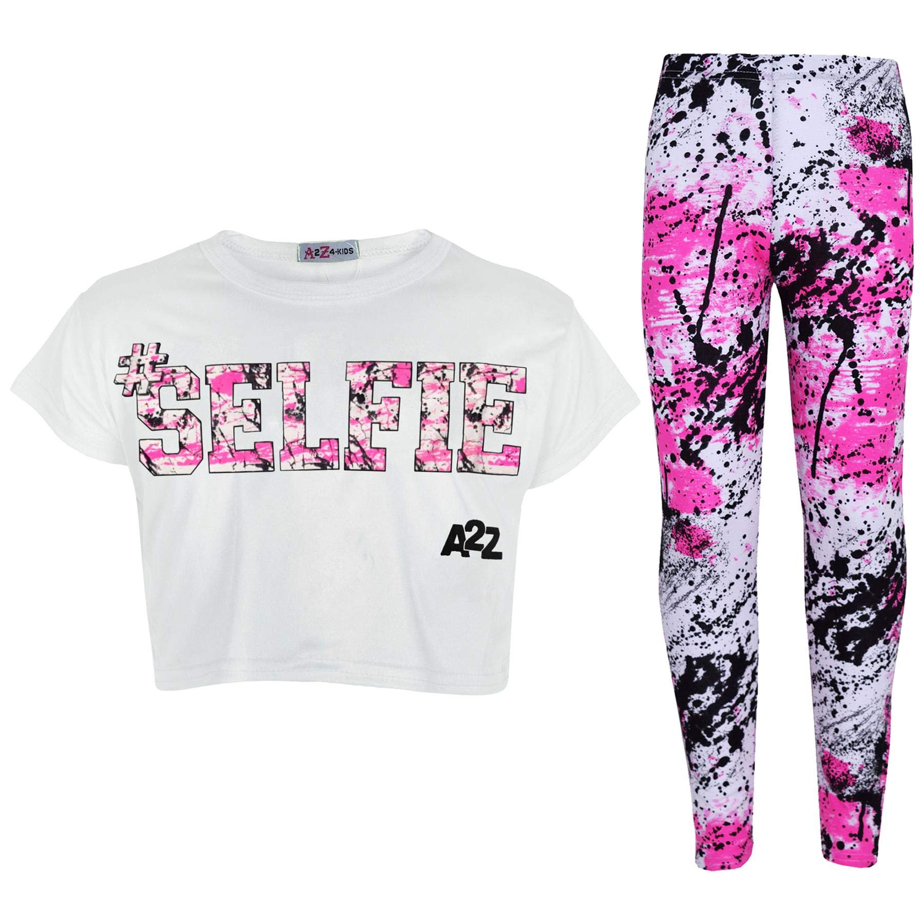 A2Z 4 Kids Girls Crop Top and Leggings Set #Selfie Printed Tie Dye Loungewear - Selfie Splash Crop Leg White 9-10