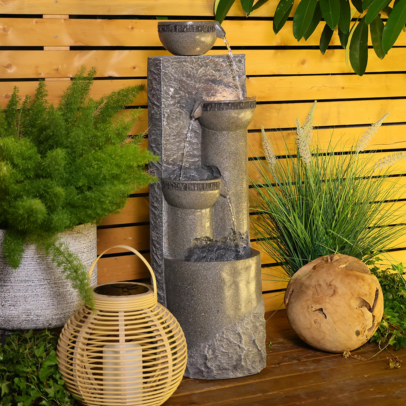 SERBILHOME Outdoor Water Fountains,3 Tiered Fountains Indoor for Relaxation, Tall Waterfall Fountain with LED Lights for Garden,Yard,Porch,Deck Decor, 11.7" L * 10" W * 39.4" H