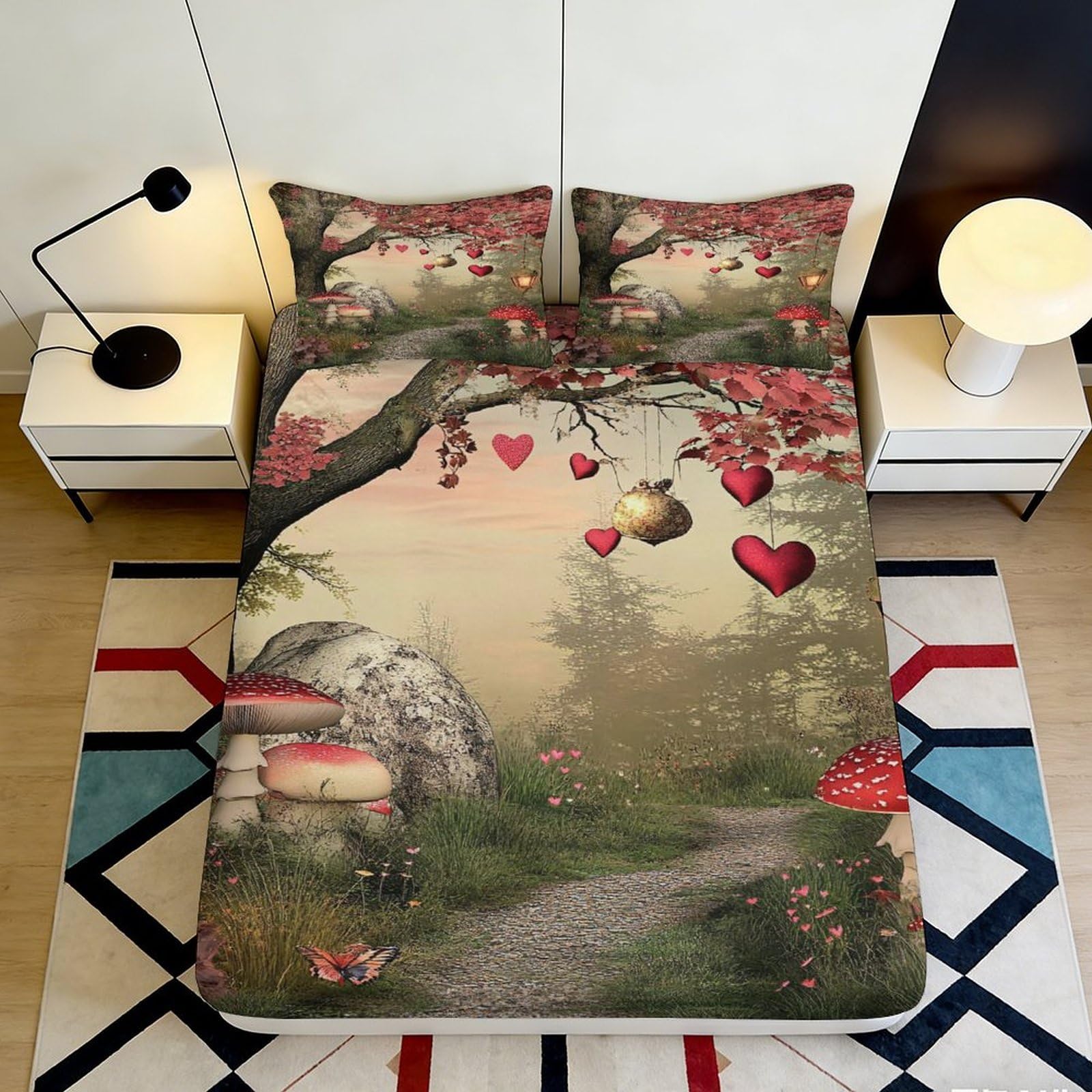 3D Printed Enchanted Forest Fitted Sheet Microfiber Soft Anti-Slip Heart Path Mattress Cover for Bedroom Decor 90x200x25cm