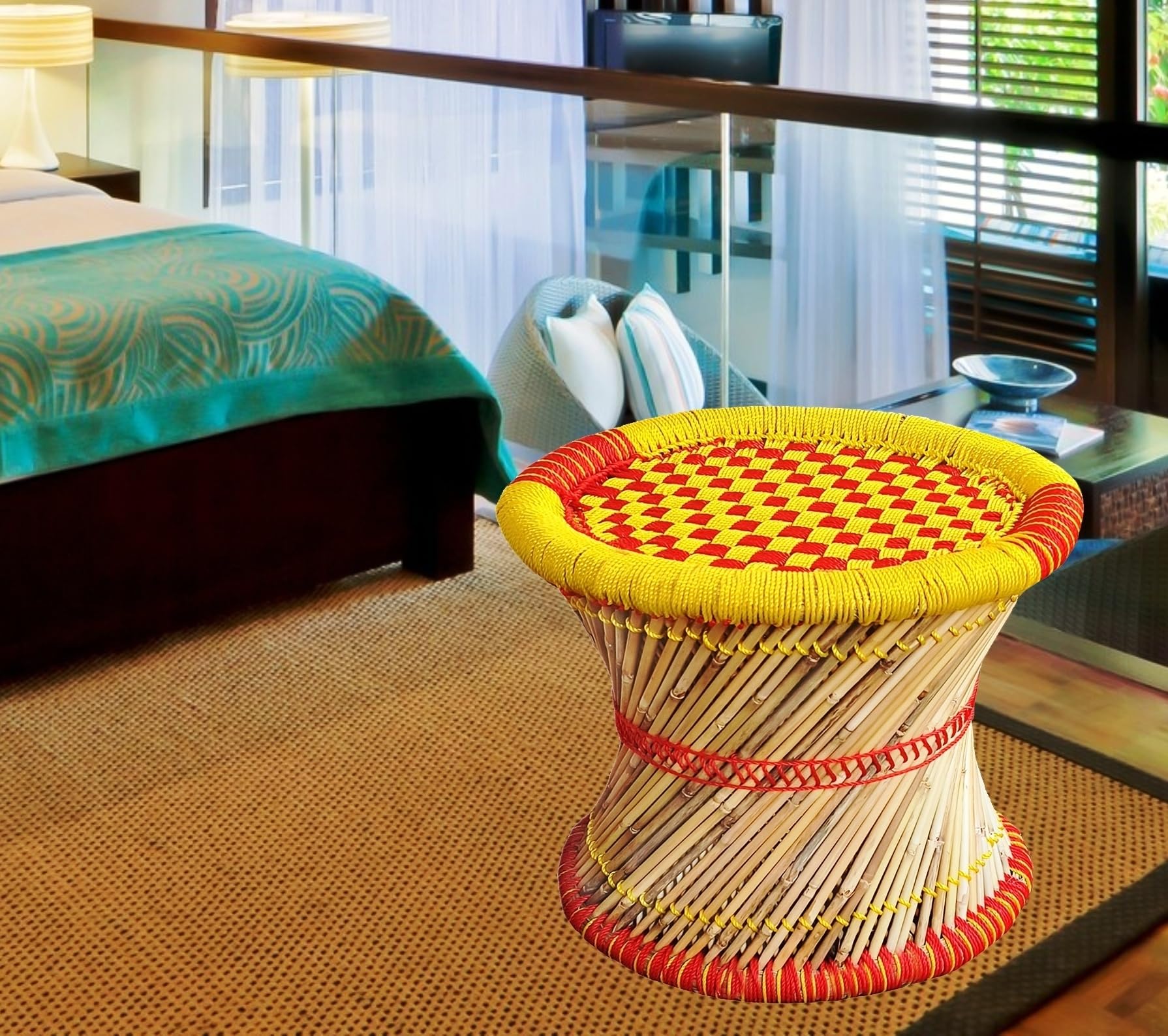 Handmade Bamboo Mudda/Stool/Chair/Canebar Indoor & Outdoor Living Room 14x14-1 Pices (7.Yellow-RED)-image-26