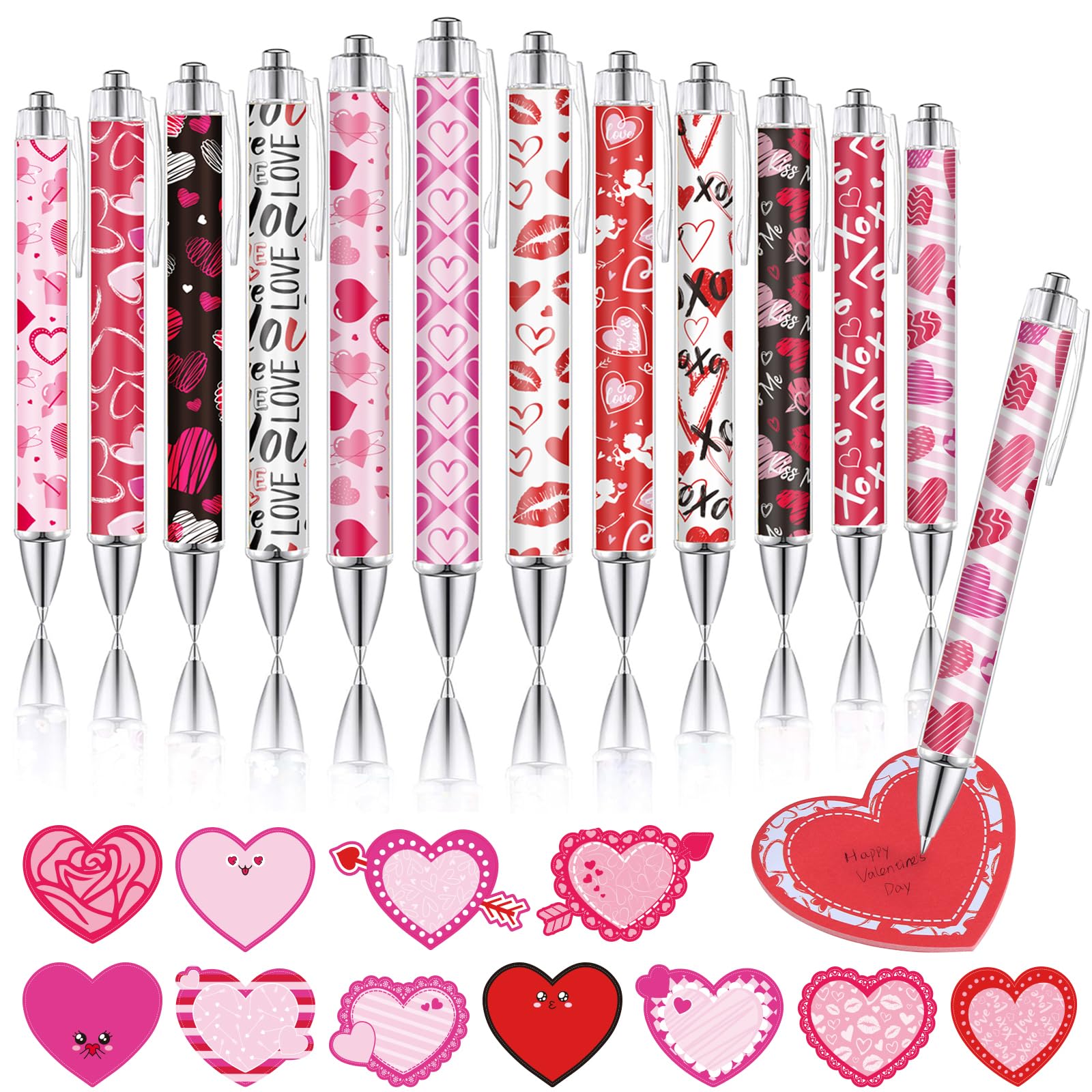 24Pcs Valentine's Day Pens with Heart Sticky Notes Retractable Ballpoint Pens Comfortable Writing Pens Gifts for Women Colleagues Valentines Day Mothers Day School Party Supplies (Heart, 24Pcs)