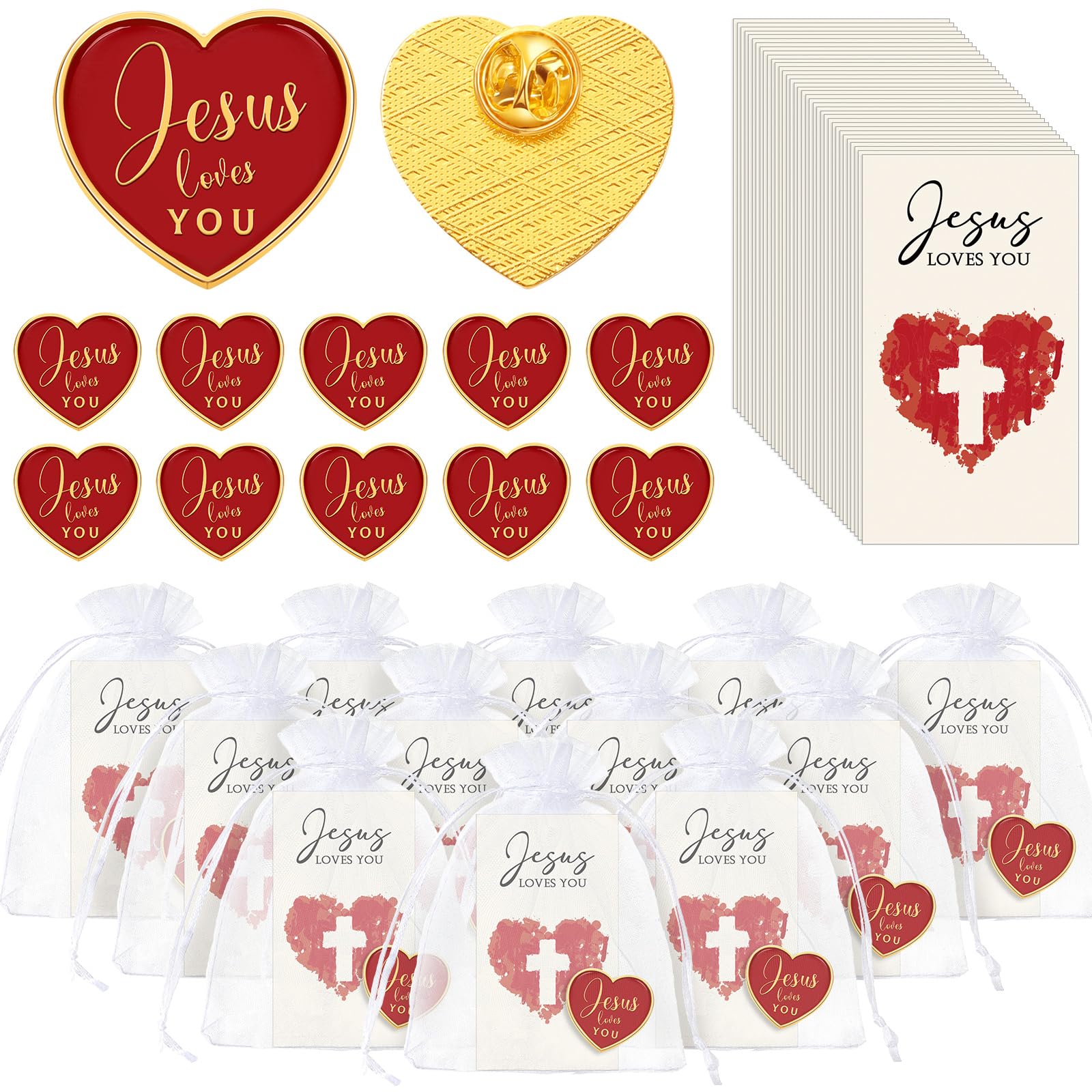 Fumete Religious Jesus Pins Christian Favors Includes Red Jesus Sign Lapel Pin Heart Pin Brooches Cross Sign Cards with Bags Clergy Appreciation Gift Pastor Church Gift Sunday School Favor(30 Sets)