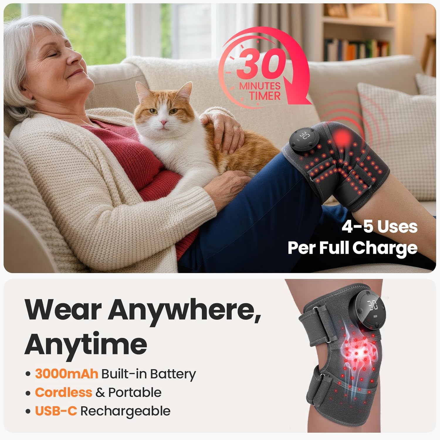 Red Light Therapy Knee Brace with Infrared Heat & Vibration – Cordless Heated Design for Daily Wellness & Relaxation, Gifts for Women Men