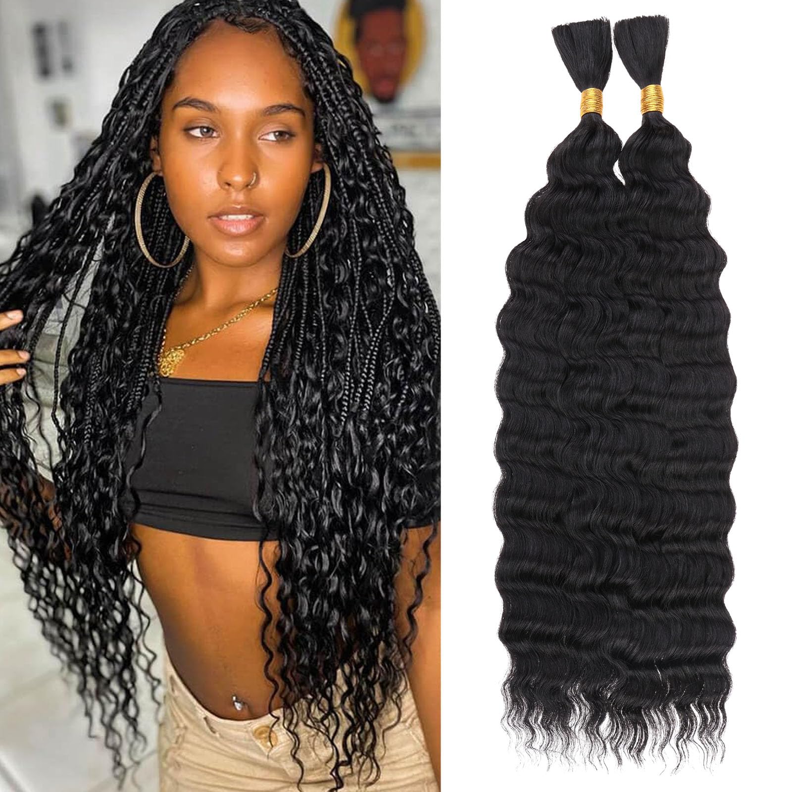 Samtress 18 Inch Deep Wave Bulk Braiding Hair Natural Black 20% Human Hair Mixed Quality Synthetic Curly Hair Extensions Wet and Wavy Boho Braids No Weft 2 Bundles (#1B)