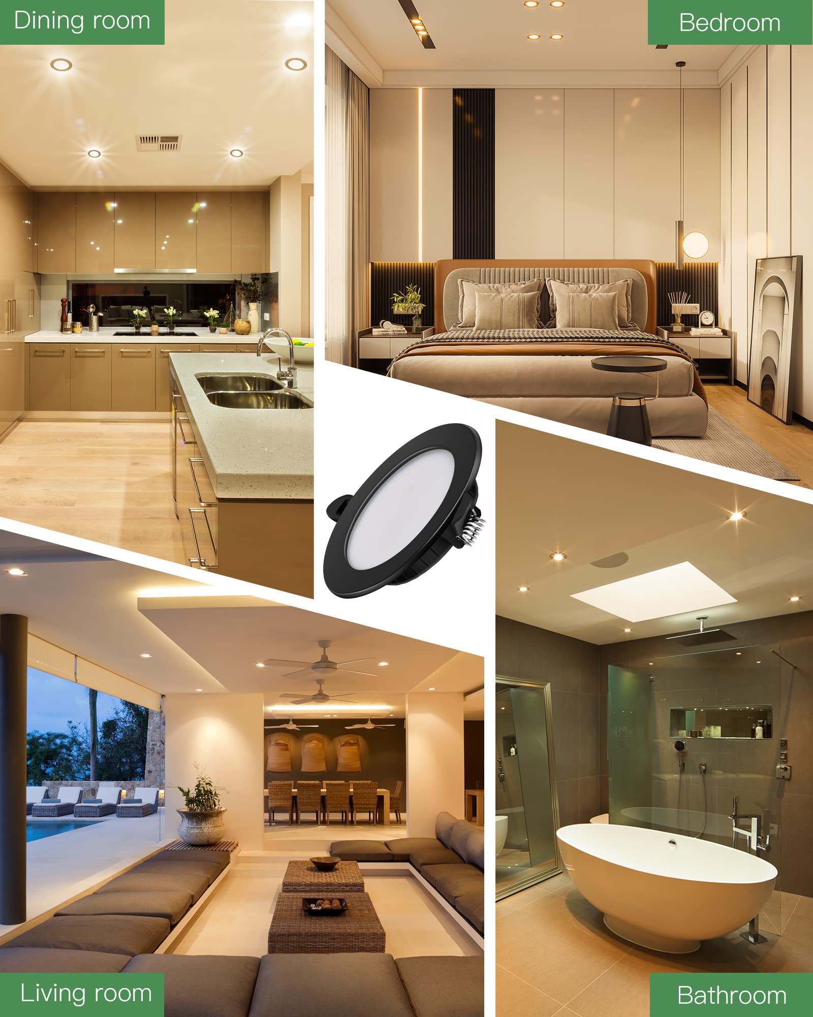 Dexnump Spot encastrable LED ultra plat 230V - Lot de 6 spots encastrables 7W Spots de plafond énergétique Spots encastrables IP44 pour salle de bain cuisine salon (Noir,6000K)
