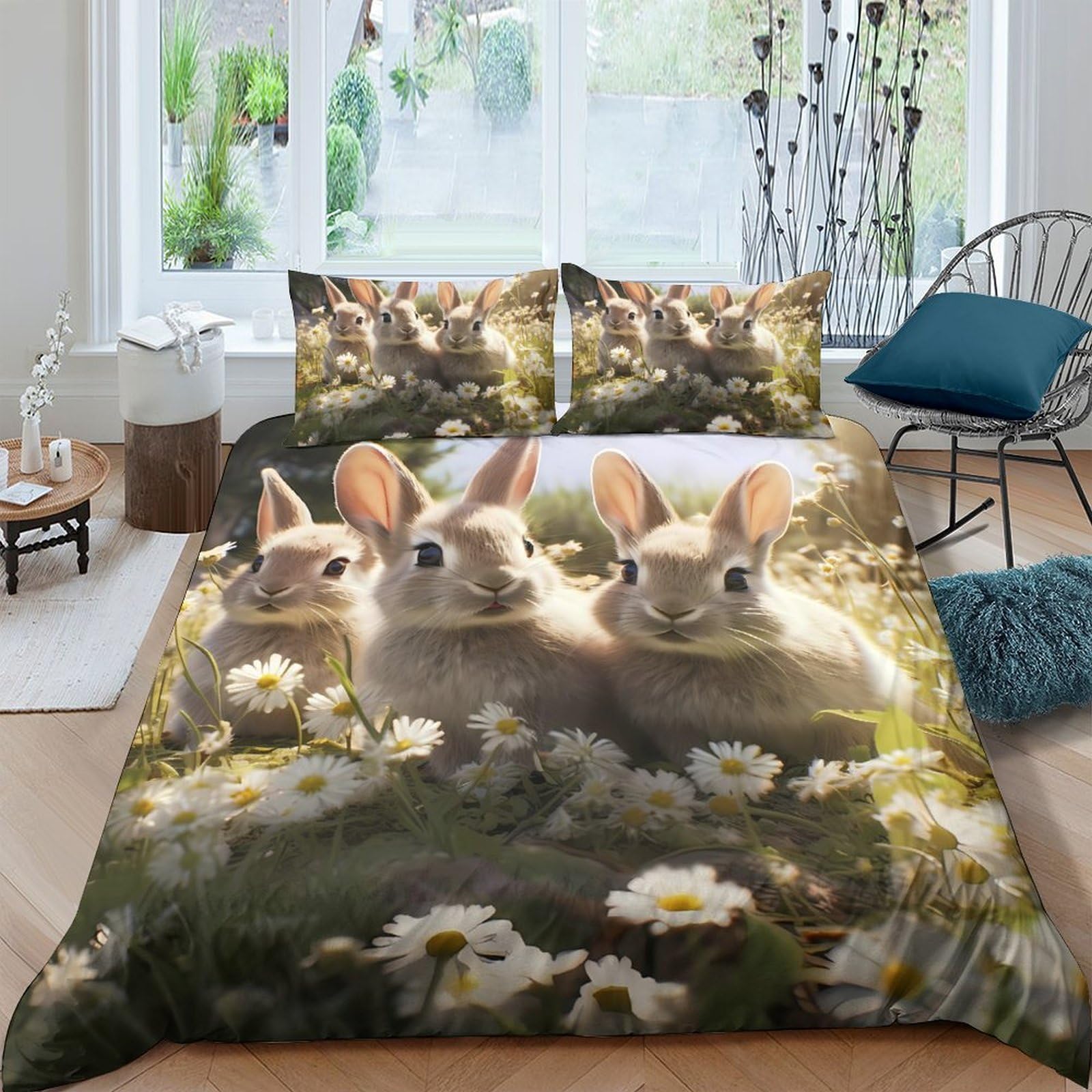 Ctjqhvkz Style-1 3D Printed Bunny Meadow Fitted Sheet Microfiber Soft Breathable Daisy Rabbit Mattress Cover For Bedroom Dorm Decor Single（135X200cm）