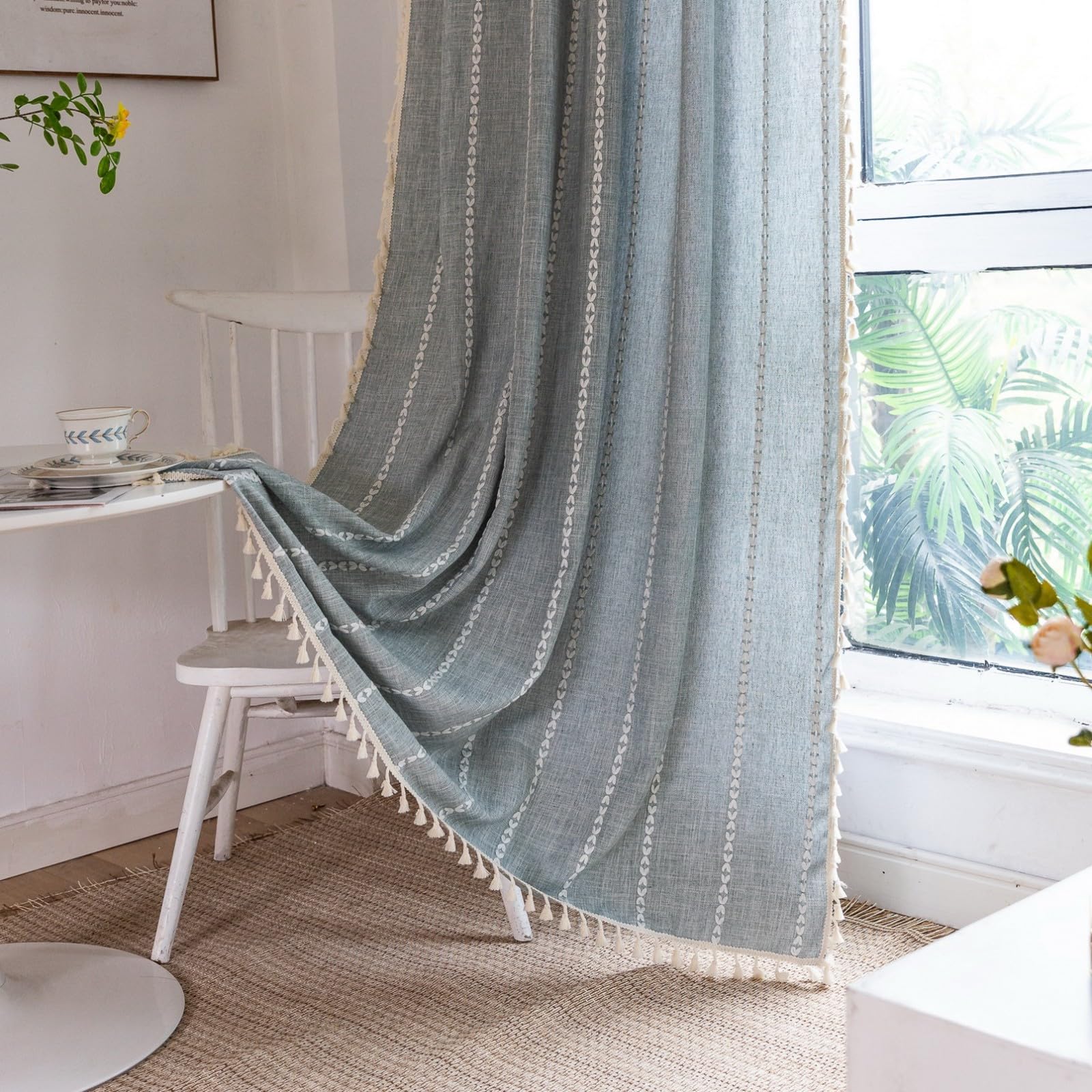 A.Monamour Vorhang Leinenoptik Gardine mit Quaste Geometrisch Boho Landhaus Halbtransparent Blickdicht Verdunkelnd Rod Tasche Stickerei Stores für Schlafzimmer Wohnzimmer Küche Fenster 1 Stück, blau