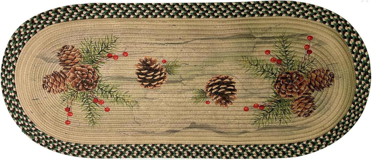 Rivers Edge Products 48" Braided Rug - Oval Shaped Indoor Welcome Mat - Round Floor Mat for Bedroom, Kitchen, Front Door, Office, Cabin - Decorative Area Rope Rug - Pine Cone and