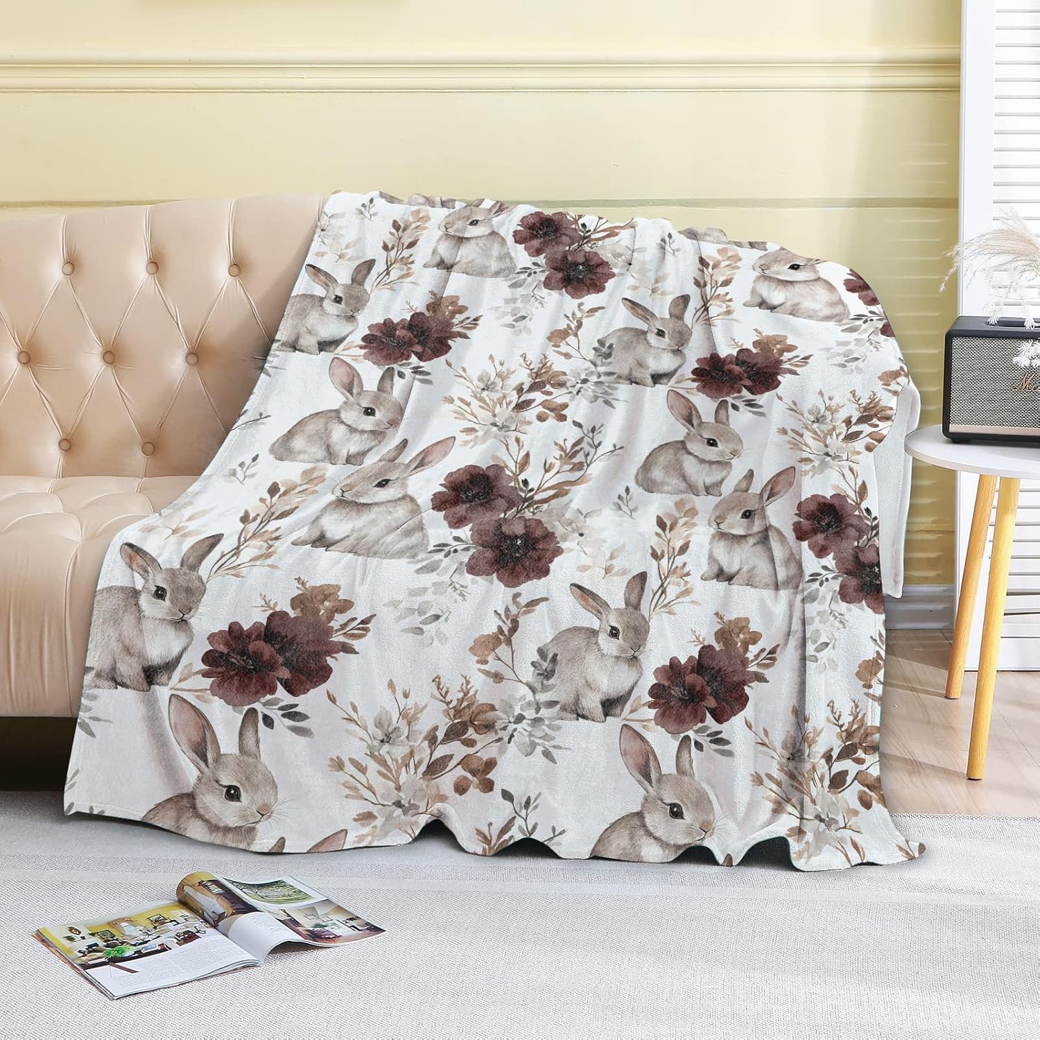 Vintage Bunny Fleece Blanket - 50x60in Retro Rabbit Floral Throw Blankets,Soft Cozy Lightweight, Ideal for Living Room Home Rustic Decor and Kids Women Girls Spring Gifts