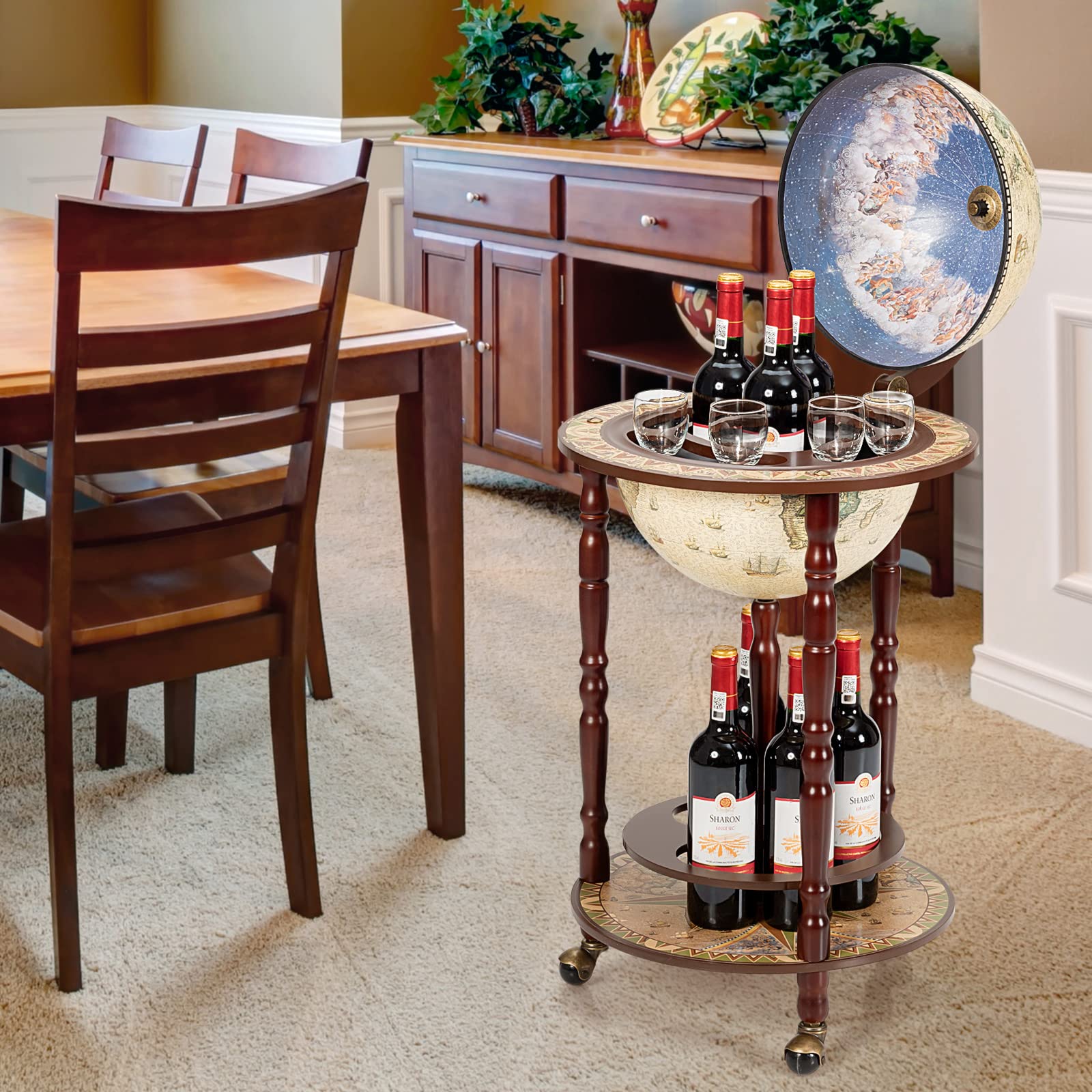 HPPYGRILL Globe Bar, 17.5” Wine Bar Stand Italian Wooden Globe Wine Cart Liquor Bottle Shelf, 16th Century Retro Wine Cupboard with Wheels for Dining Room Living Room, Retro Brown: B