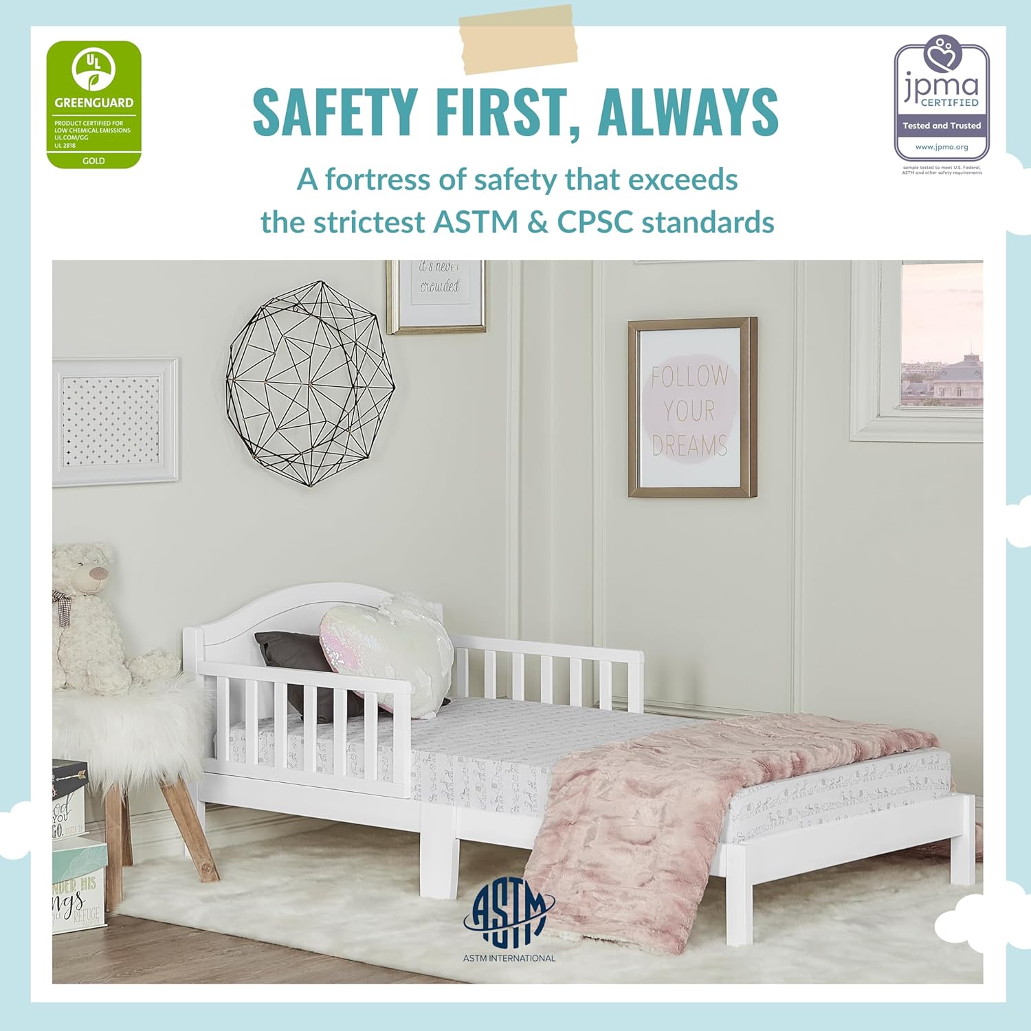 Dream On Me Sydney Toddler Bed in White, Greenguard Gold Certified, JPMA Certified & Baby Fairy 5” Foam Crib & Toddler Bed Mattress in a Box, White