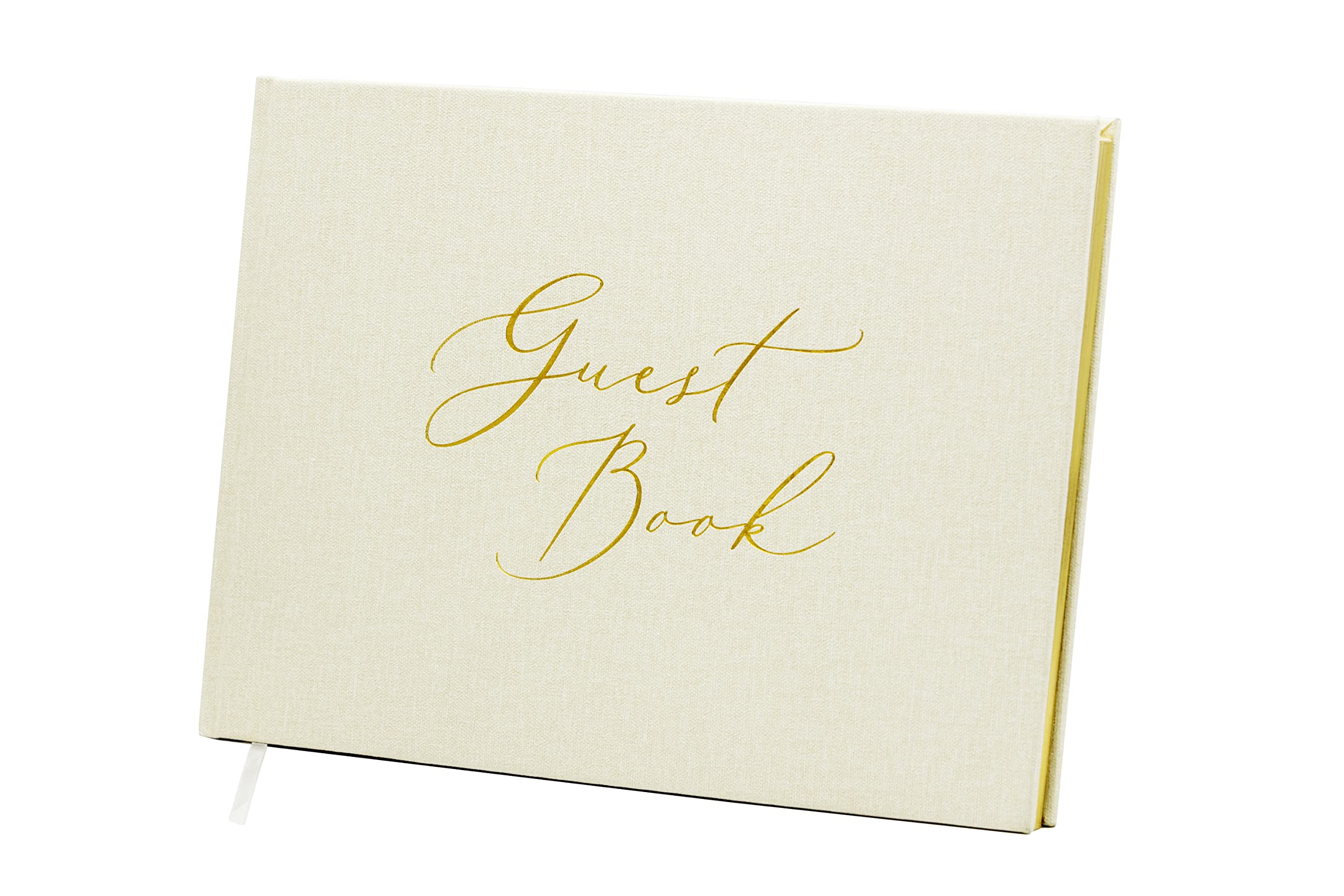 Embossed Blank Guestbook - 11.5 x 8.5 Large Luxury Modern Cream Canvas Linen Embossed Hard Cover Guest Book for Wedding, Birthday & Events (Blank Pages - No Lines)