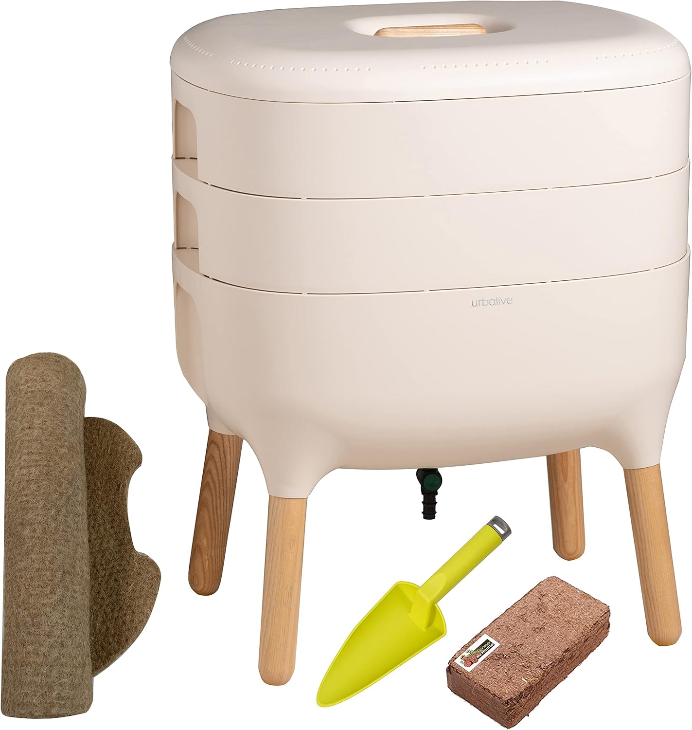 Urbalive Marfil, Kit Completo I Diseño de vermicompostador I Sustrato de iniciación I Tapete + Pala de cáñamo I Interior, balcón y jardín