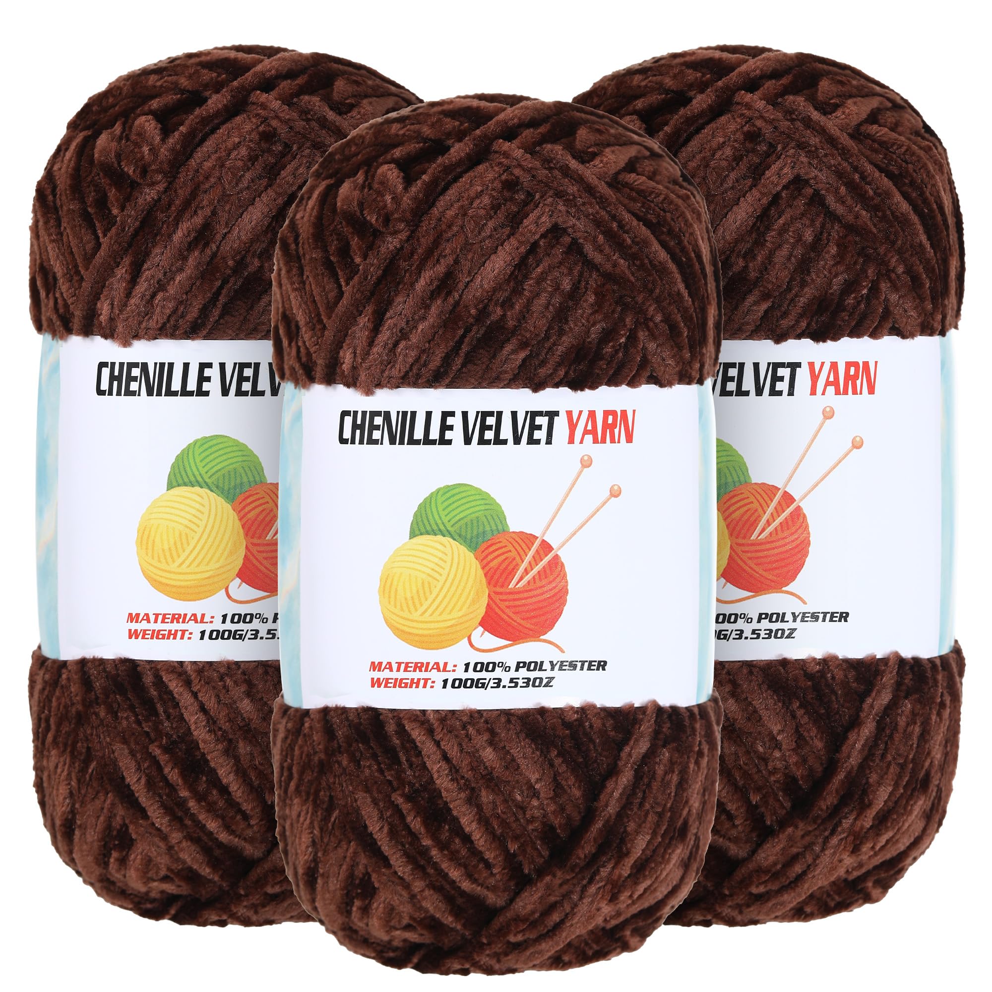 3 * 100g Velvet Chenille Chunky Yarn for Crocheting, Handcrafts Weaving Soft Chenille Yarn for Crocheting Clearance, Used for Making Baby Yarns Blanket, Clothes, Knitting Creations (Coffee Brown)