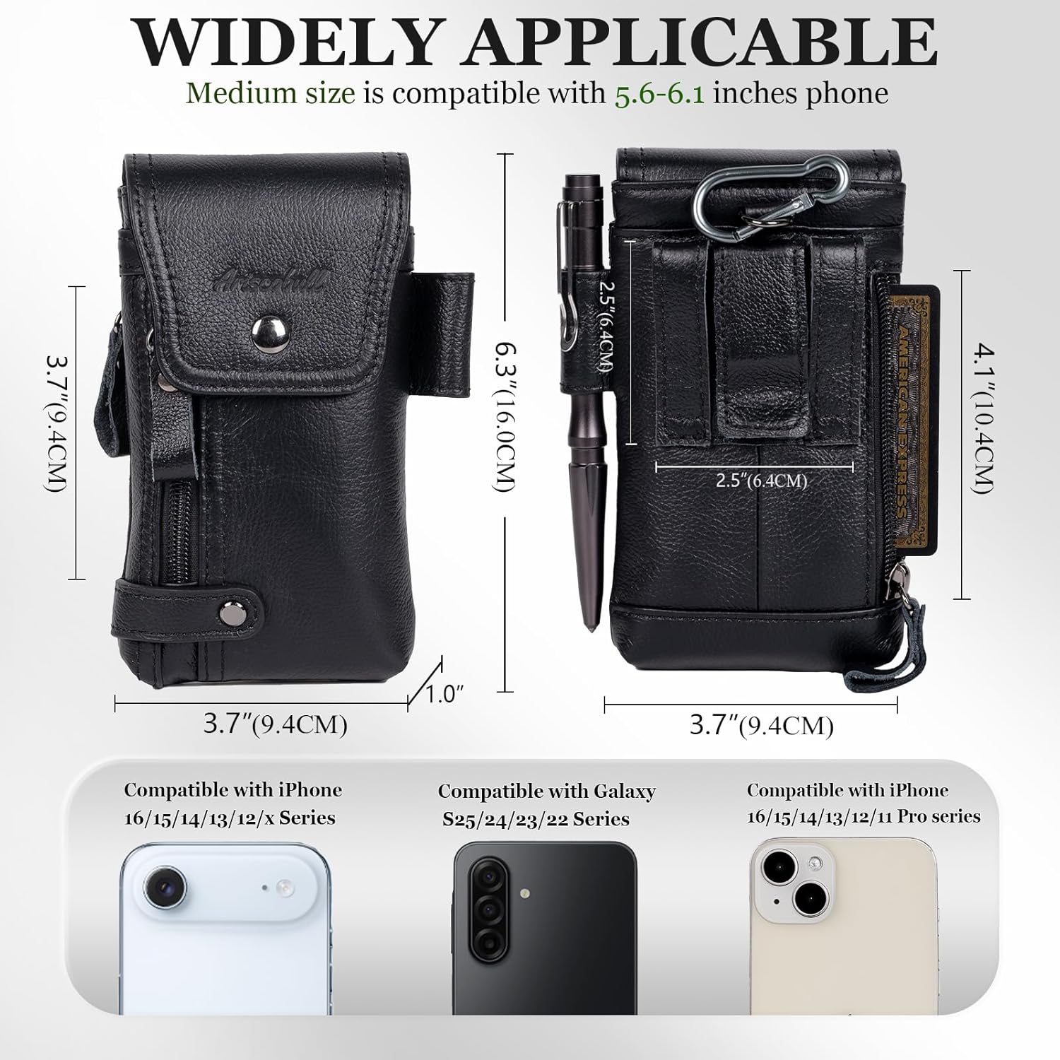 Leather Phone Holster - Genuine Full-Grain Buffalo Leather Cell Phone Holsters - for iPhone 16, 15, 14, 13pro, Galaxy S24, S23, S22 (Black, Medium)