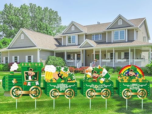 4 letreros para el día de San Patricio decoración de tren césped decoración al aire libre con estacas sombrero de trébol arco iris letrero irlandés