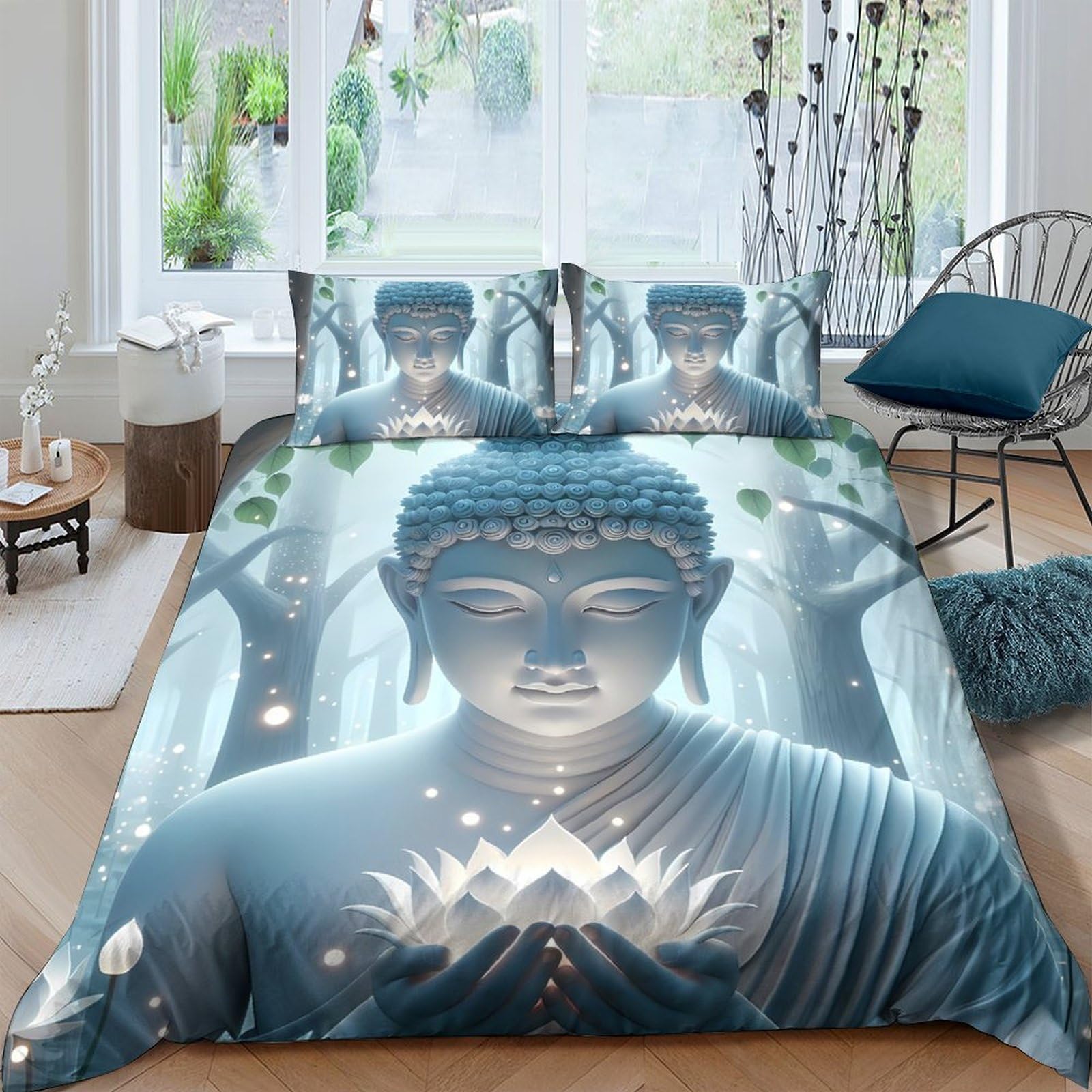 Ctjqhvkz Style-6 3D Printed Buddha Serenity Fitted Sheet Microfiber Soft Blue Forest Bed Sheet For Bedroom Guest Room Decor Single（135X200cm）